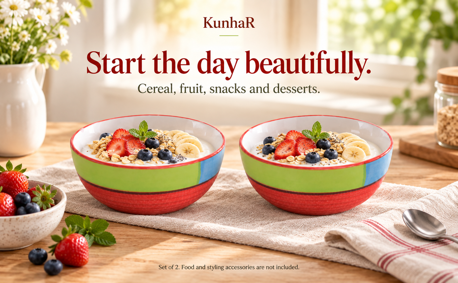 KunhaR Ceramic Serving Bowls, 400 ml Each, Set of 2, Red, Small Bowls for Soup, Rice, Curry, Snacks and Desserts — breakfast