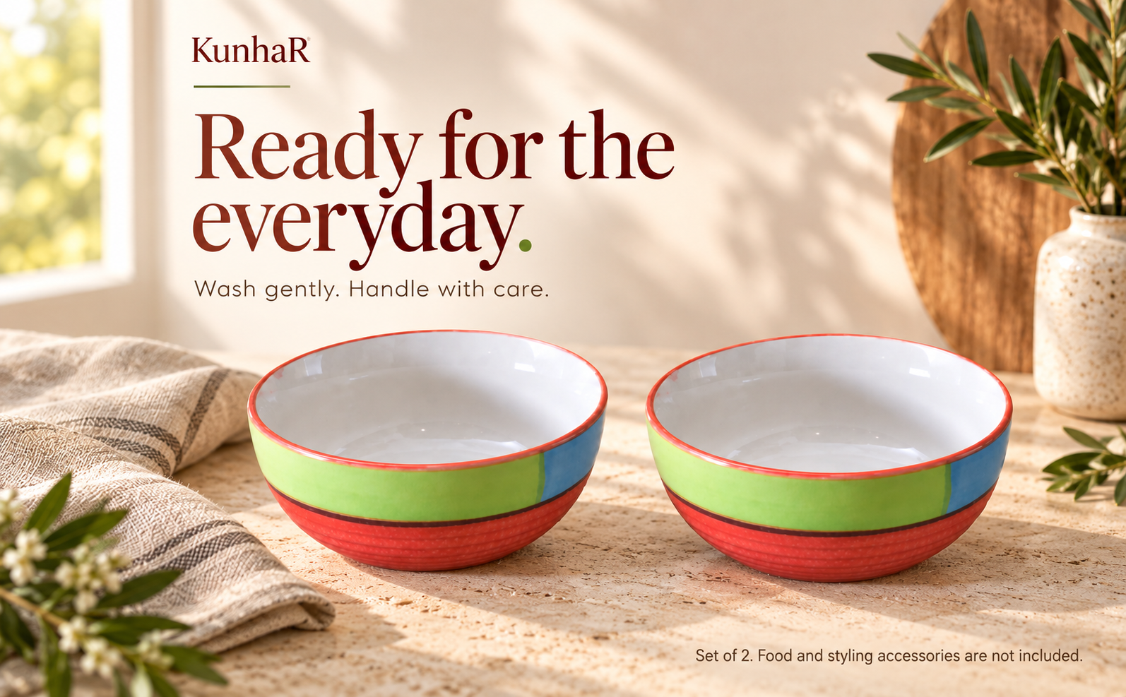 KunhaR Ceramic Serving Bowls, 400 ml Each, Set of 2, Red, Small Bowls for Soup, Rice, Curry, Snacks and Desserts — care