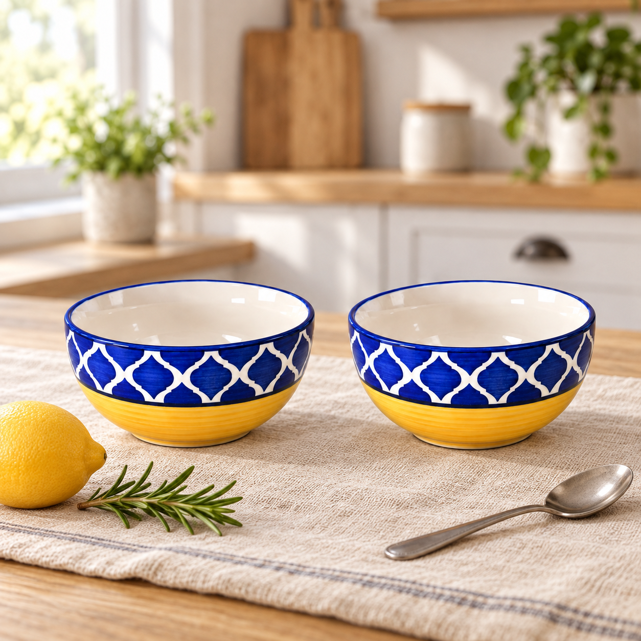 KunhaR Ceramic Serving Bowls, 400 ml Each, Set of 2, Yellow Blue, Small Bowls for Soup, Rice, Curry, Snacks and Desserts
