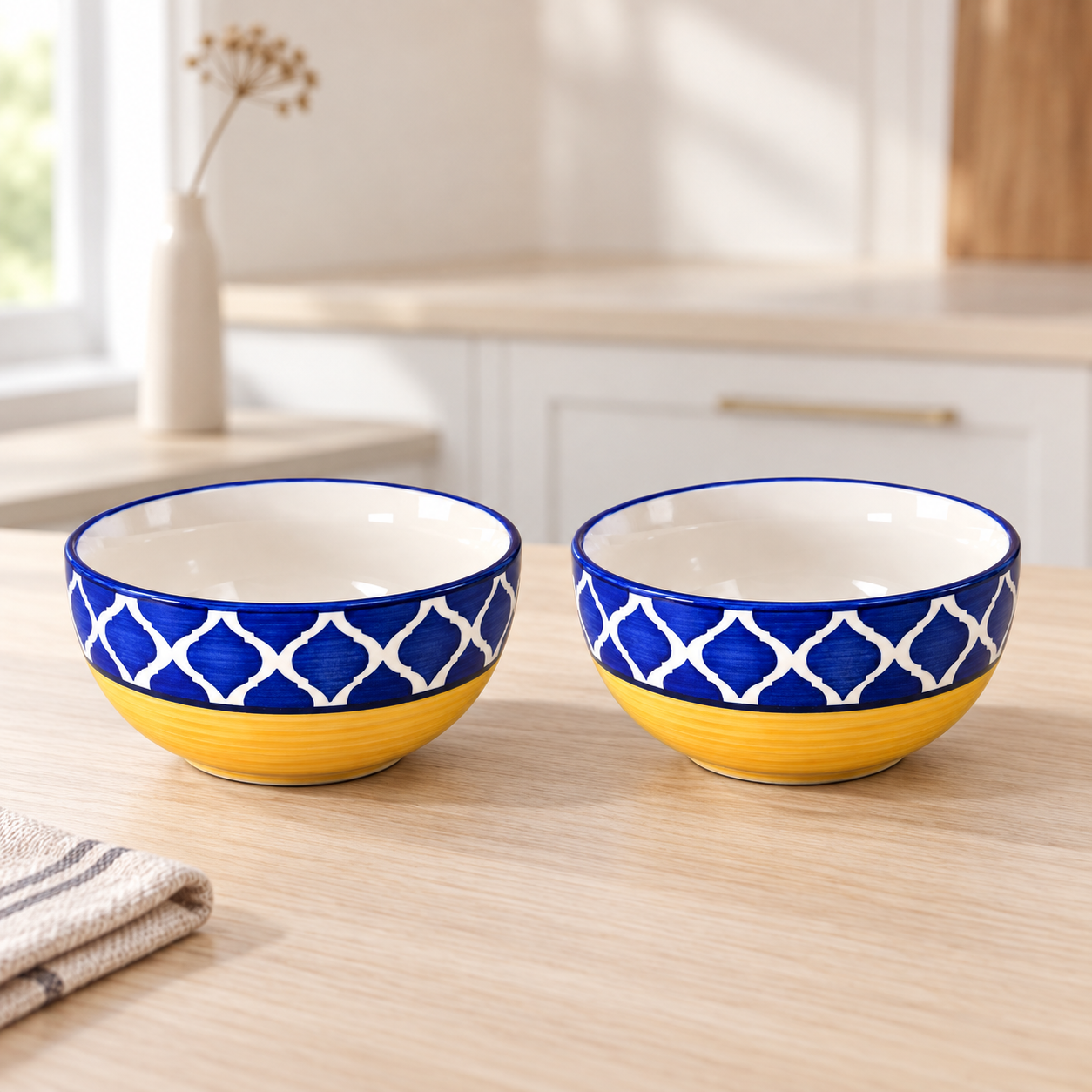KunhaR Ceramic Serving Bowls, 400 ml Each, Set of 2, Yellow Blue, Small Bowls for Soup, Rice, Curry, Snacks and Desserts - Image 2