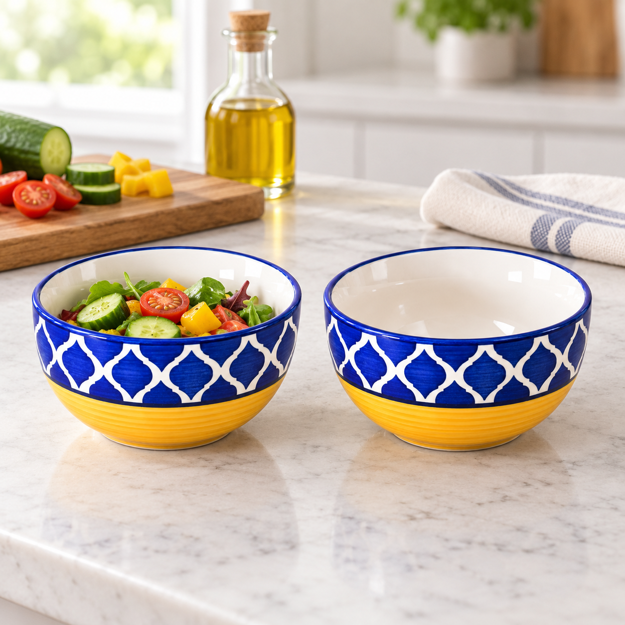 KunhaR Ceramic Serving Bowls, 400 ml Each, Set of 2, Yellow Blue, Small Bowls for Soup, Rice, Curry, Snacks and Desserts - Image 4