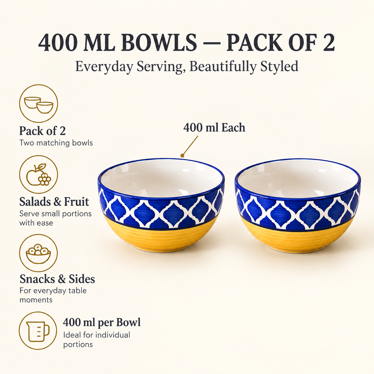 KunhaR Ceramic Serving Bowls, 400 ml Each, Set of 2, Yellow Blue, Small Bowls for Soup, Rice, Curry, Snacks and Desserts - Image 7