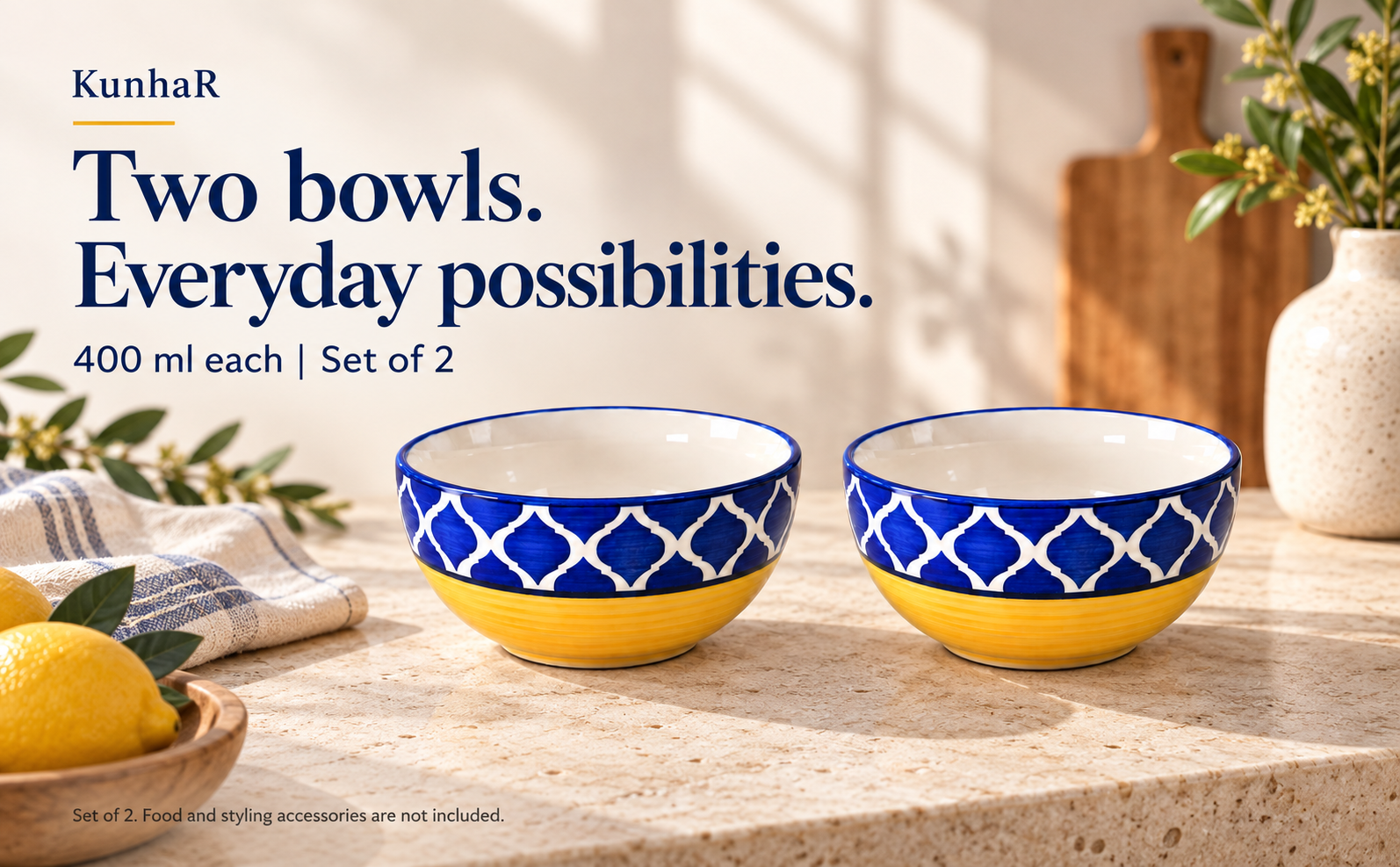 KunhaR Ceramic Serving Bowls, 400 ml Each, Set of 2, Yellow Blue, Small Bowls for Soup, Rice, Curry, Snacks and Desserts — hero