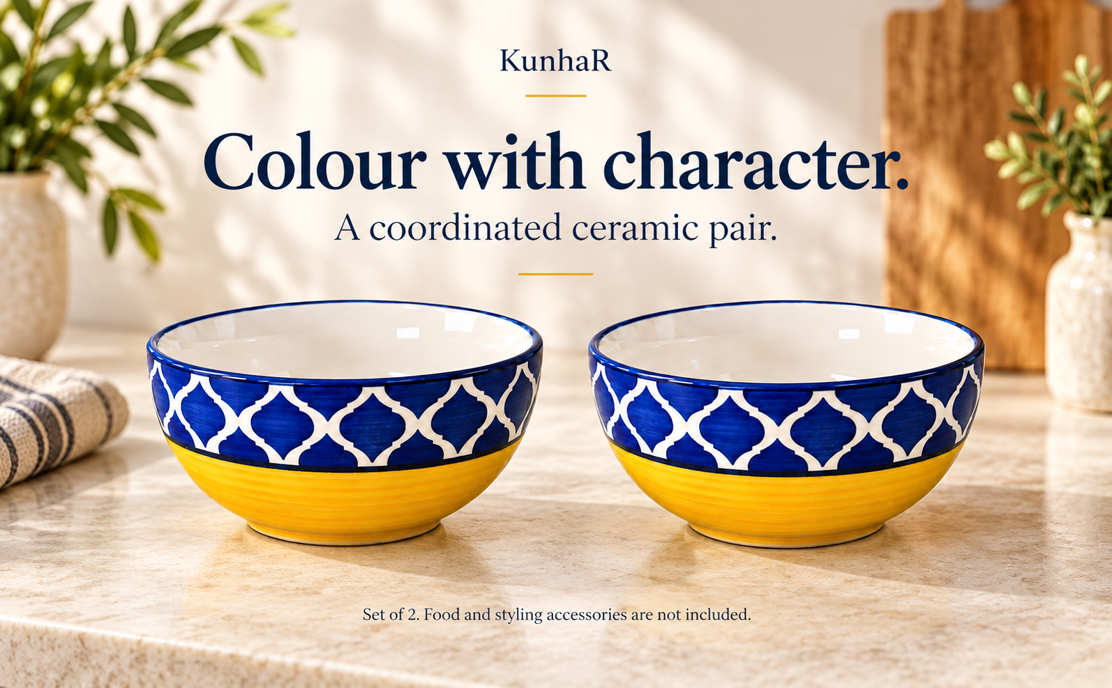 KunhaR Ceramic Serving Bowls, 400 ml Each, Set of 2, Yellow Blue, Small Bowls for Soup, Rice, Curry, Snacks and Desserts — finish