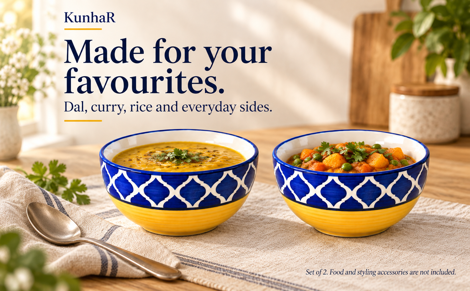 KunhaR Ceramic Serving Bowls, 400 ml Each, Set of 2, Yellow Blue, Small Bowls for Soup, Rice, Curry, Snacks and Desserts — serve