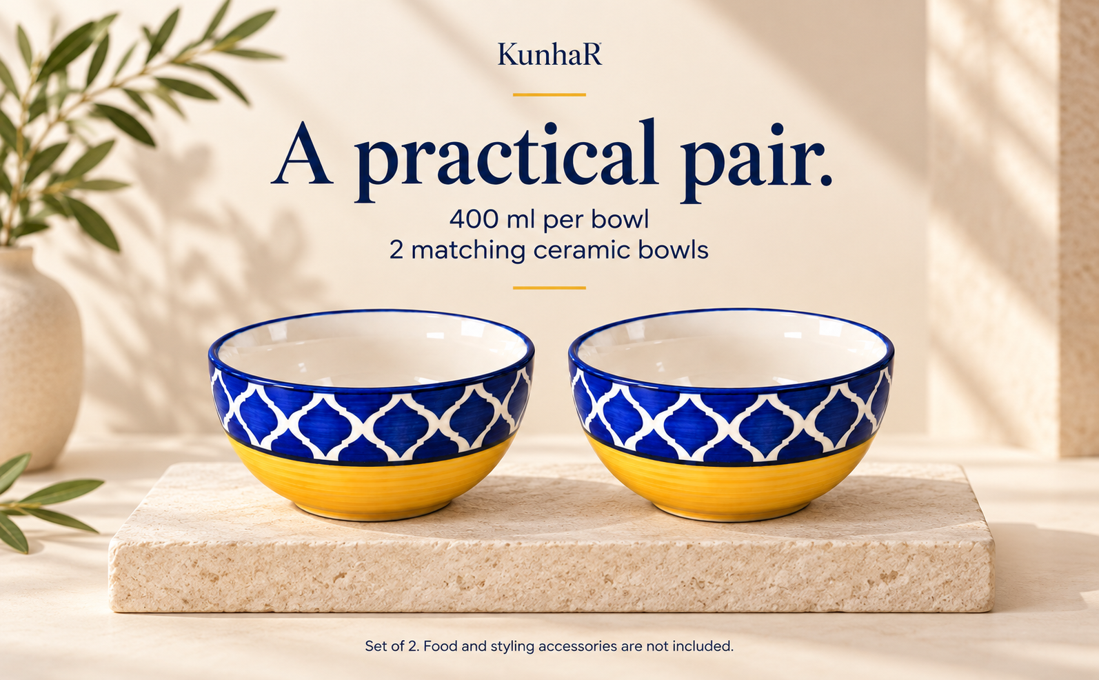 KunhaR Ceramic Serving Bowls, 400 ml Each, Set of 2, Yellow Blue, Small Bowls for Soup, Rice, Curry, Snacks and Desserts — capacity