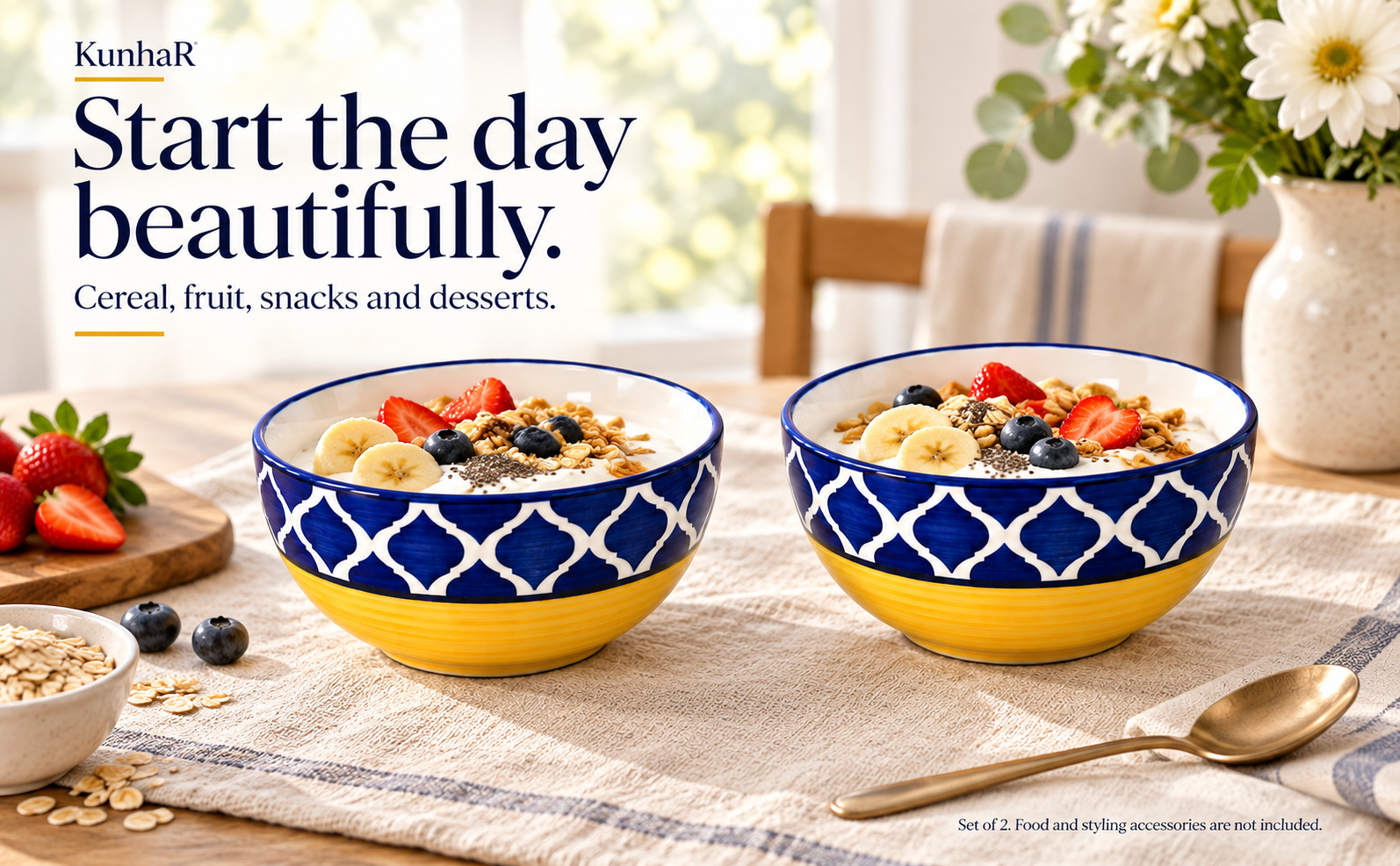 KunhaR Ceramic Serving Bowls, 400 ml Each, Set of 2, Yellow Blue, Small Bowls for Soup, Rice, Curry, Snacks and Desserts — breakfast