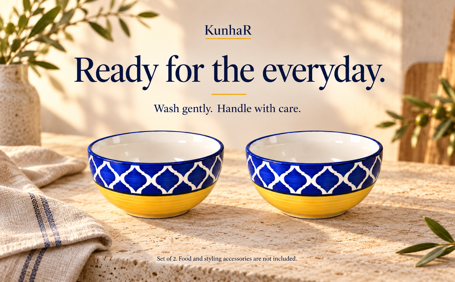 KunhaR Ceramic Serving Bowls, 400 ml Each, Set of 2, Yellow Blue, Small Bowls for Soup, Rice, Curry, Snacks and Desserts — care