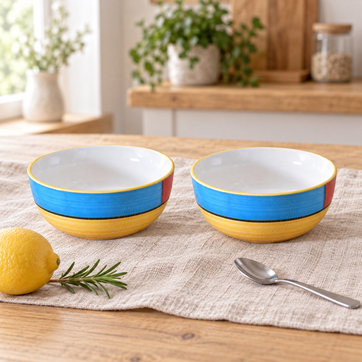 KunhaR Ceramic Serving Bowls, 400 ml Each, Set of 2, Yellow Multi, Small Bowls for Soup, Rice, Curry, Snacks and Desserts