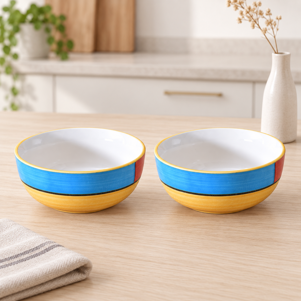 KunhaR Ceramic Serving Bowls, 400 ml Each, Set of 2, Yellow Multi, Small Bowls for Soup, Rice, Curry, Snacks and Desserts - Image 2