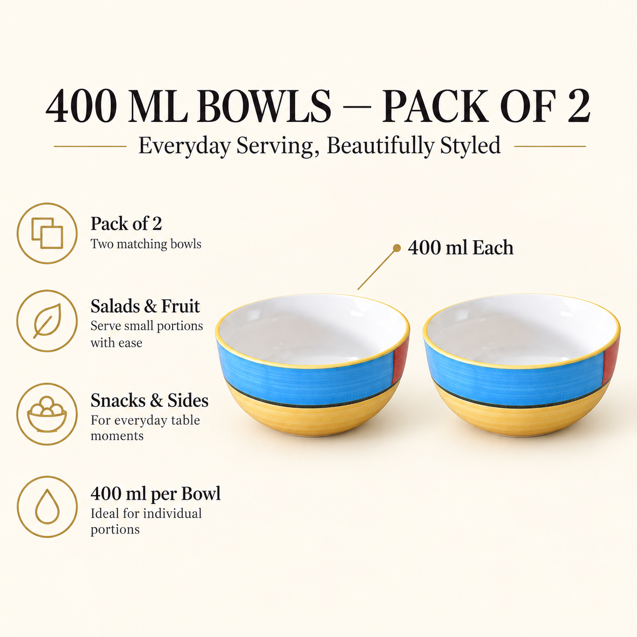 KunhaR Ceramic Serving Bowls, 400 ml Each, Set of 2, Yellow Multi, Small Bowls for Soup, Rice, Curry, Snacks and Desserts - Image 7