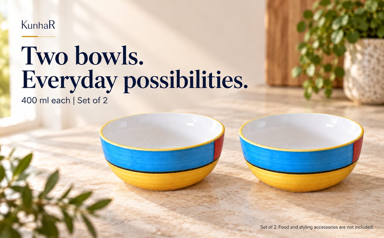 KunhaR Ceramic Serving Bowls, 400 ml Each, Set of 2, Yellow Multi, Small Bowls for Soup, Rice, Curry, Snacks and Desserts — hero