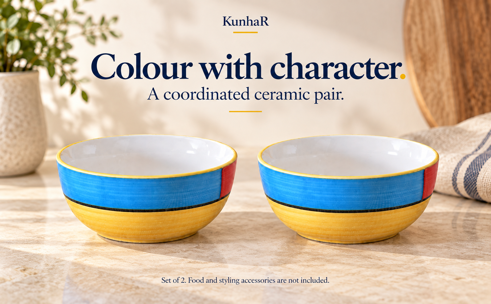 KunhaR Ceramic Serving Bowls, 400 ml Each, Set of 2, Yellow Multi, Small Bowls for Soup, Rice, Curry, Snacks and Desserts — finish