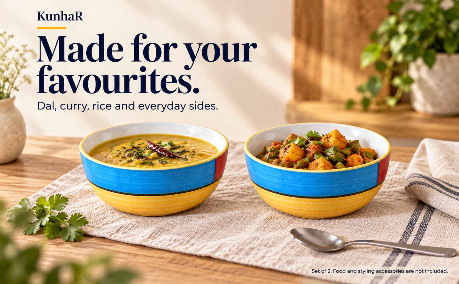 KunhaR Ceramic Serving Bowls, 400 ml Each, Set of 2, Yellow Multi, Small Bowls for Soup, Rice, Curry, Snacks and Desserts — serve