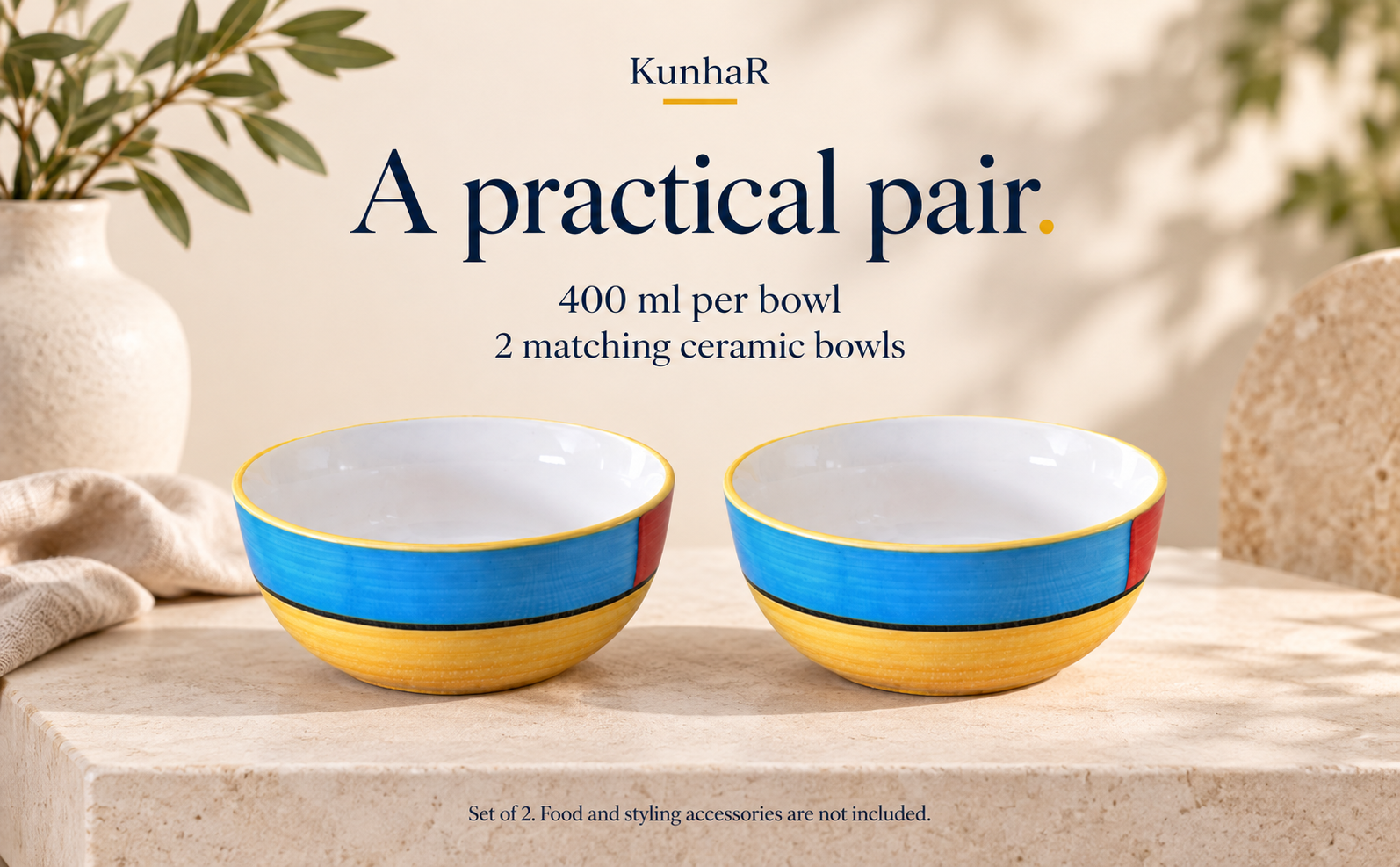 KunhaR Ceramic Serving Bowls, 400 ml Each, Set of 2, Yellow Multi, Small Bowls for Soup, Rice, Curry, Snacks and Desserts — capacity