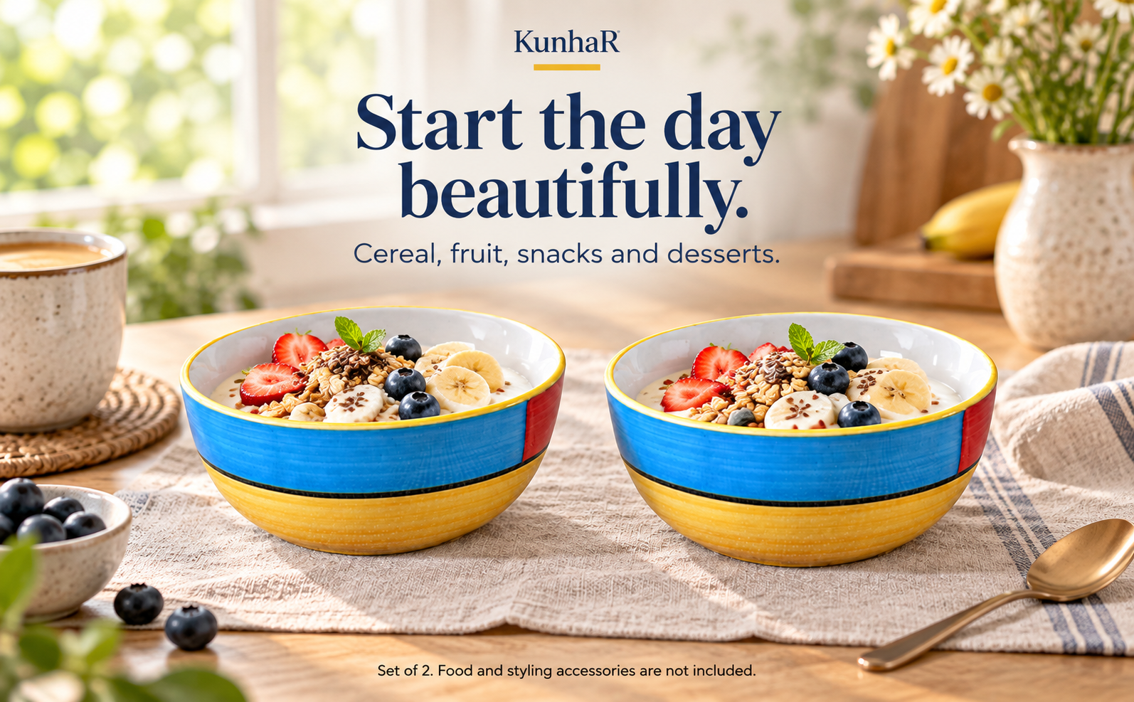 KunhaR Ceramic Serving Bowls, 400 ml Each, Set of 2, Yellow Multi, Small Bowls for Soup, Rice, Curry, Snacks and Desserts — breakfast