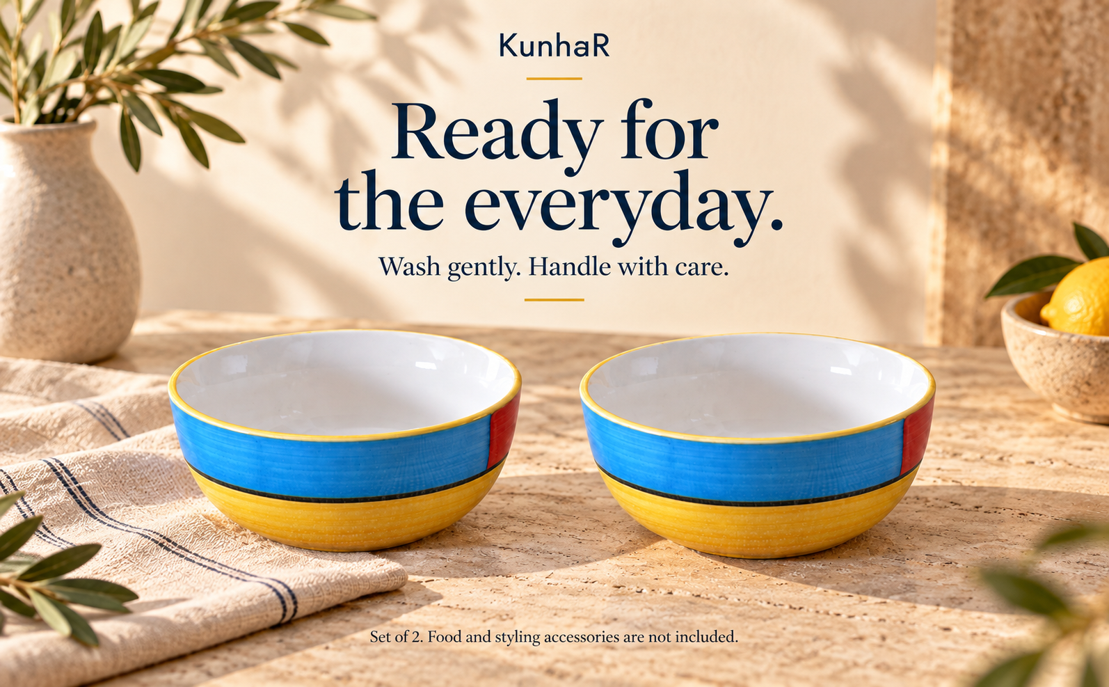 KunhaR Ceramic Serving Bowls, 400 ml Each, Set of 2, Yellow Multi, Small Bowls for Soup, Rice, Curry, Snacks and Desserts — care