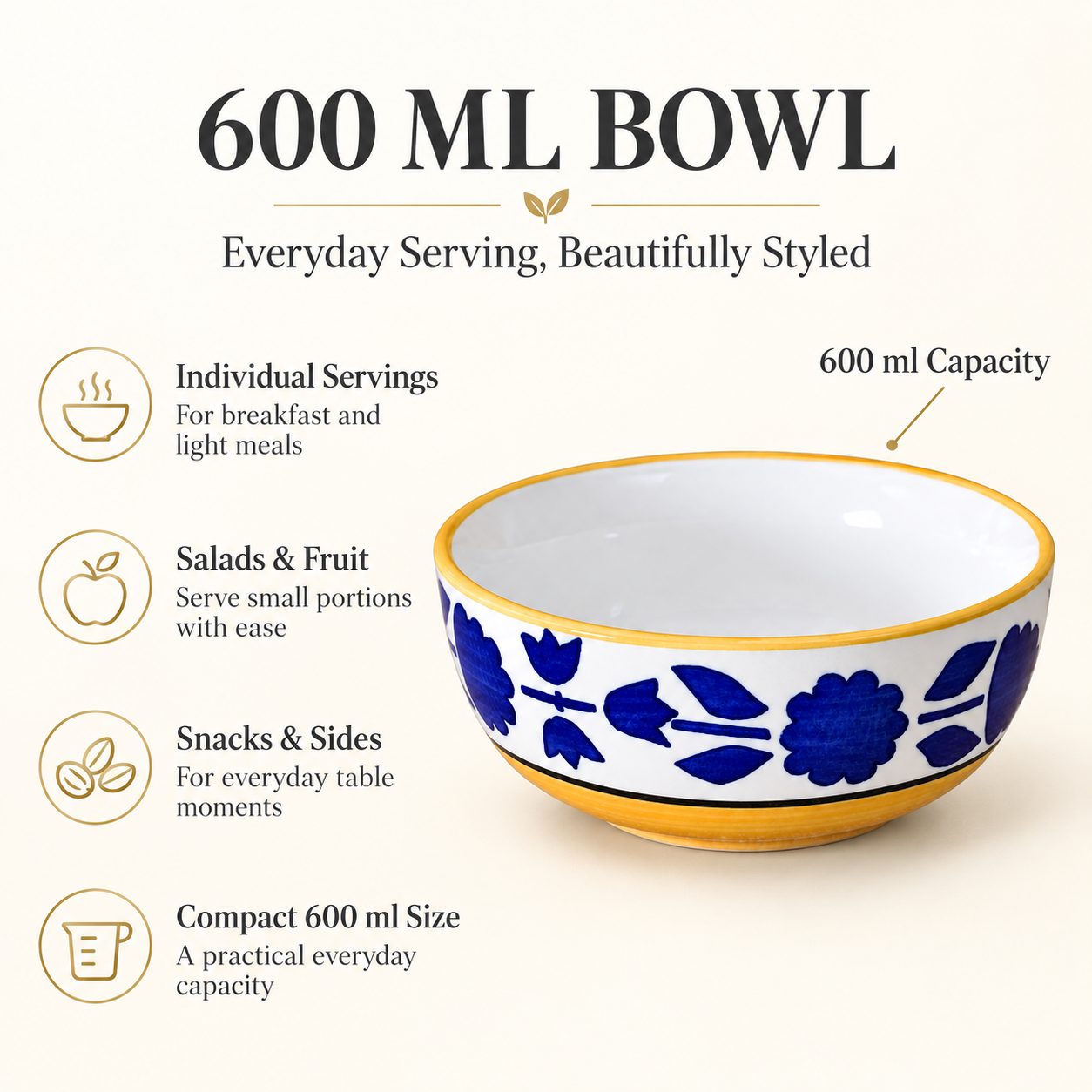 KunhaR Ceramic Serving Bowl, 600 ml, Yellow, Multipurpose Bowl for Mixing, Serving, Salad, Pasta & Snacks, 1 Piece - Image 7