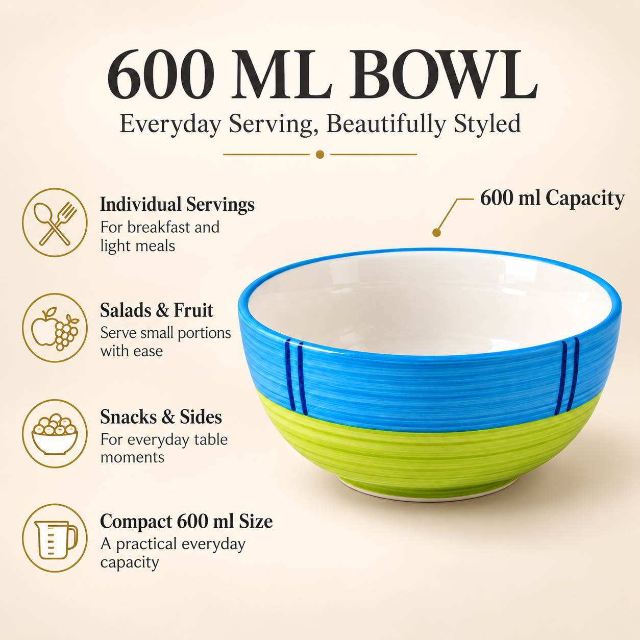 KunhaR Ceramic Serving Bowl, 600 ml, Green, Multipurpose Bowl for Mixing, Serving, Salad, Pasta & Snacks, 1 Piece - Image 7
