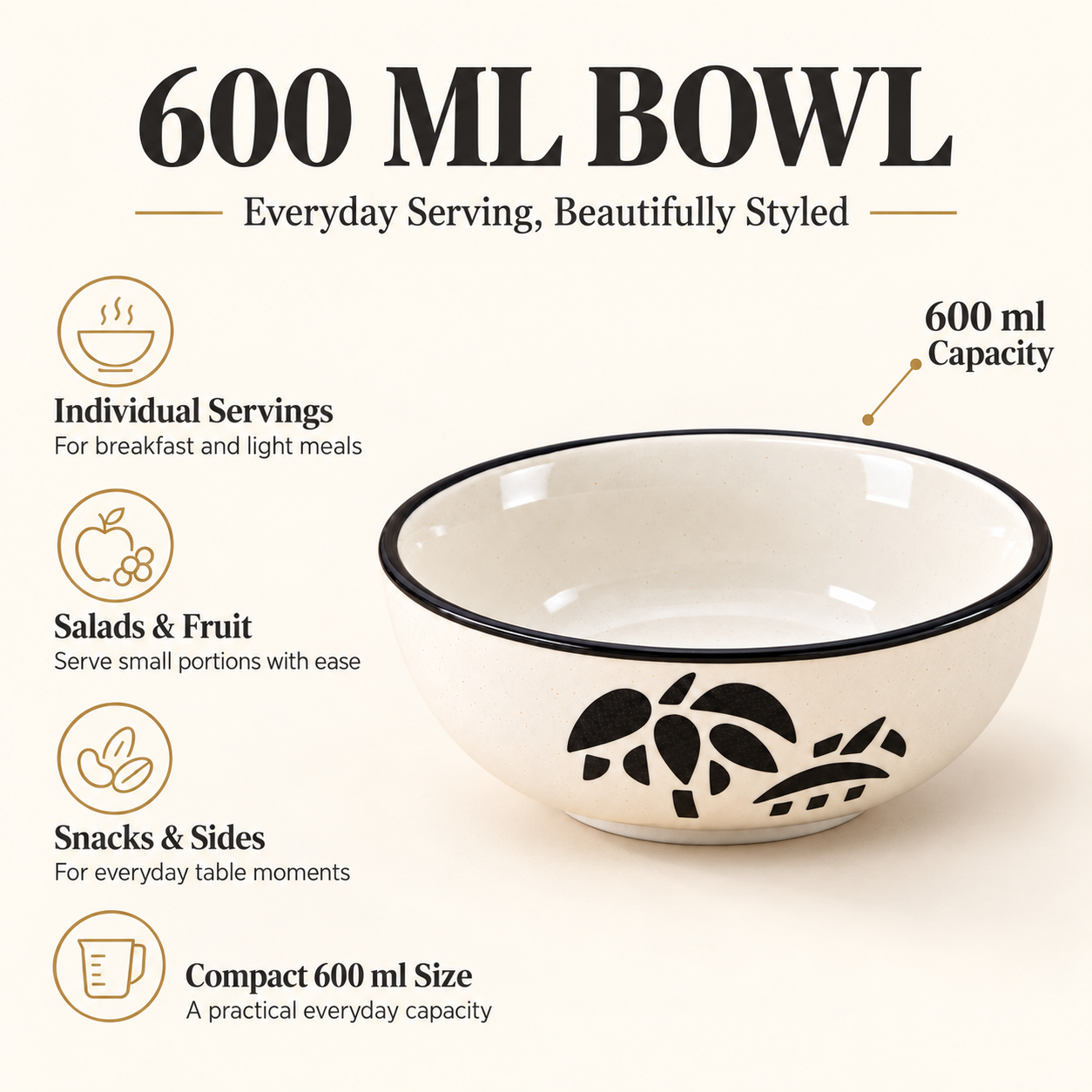 KunhaR Ceramic Serving Bowl, 600 ml, Coconut White, Multipurpose Bowl for Mixing, Serving, Salad, Pasta & Snacks, 1 Piece - Image 6
