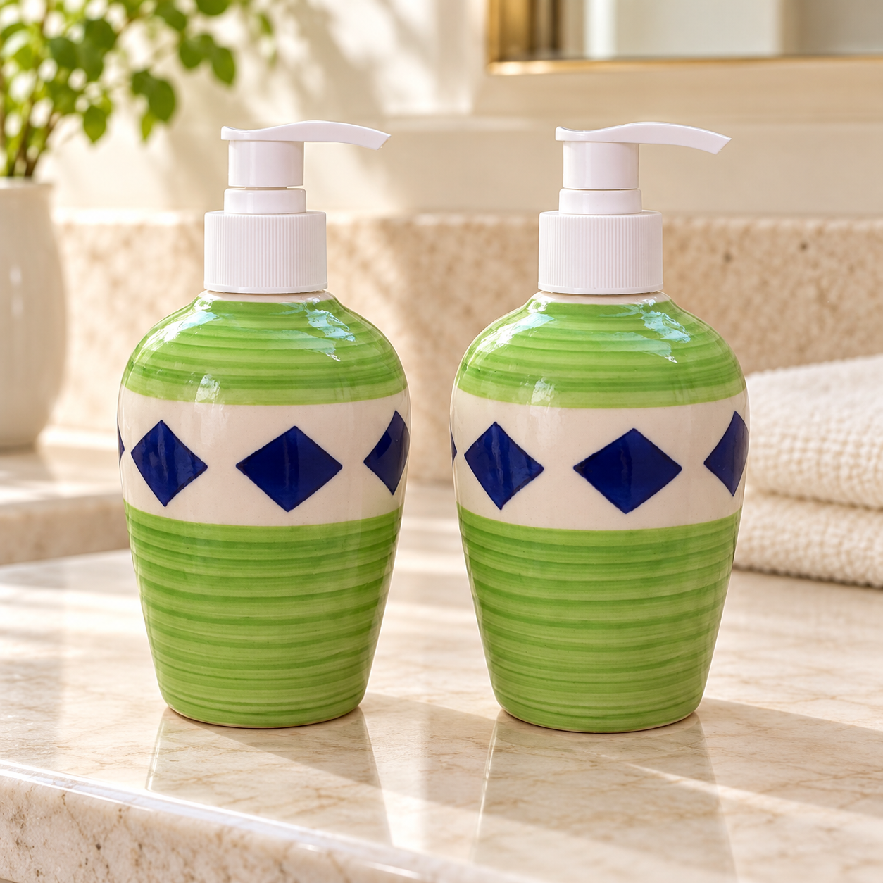 KunhaR Ceramic Long-Lasting Liquid Handwash Soap Dispenser for Bathroom | Handwash Bottle for Kitchen | Soap Dispenser for Wash Basin | Bathroom Accessories | 300 ml, Tan Green, 2 Pieces