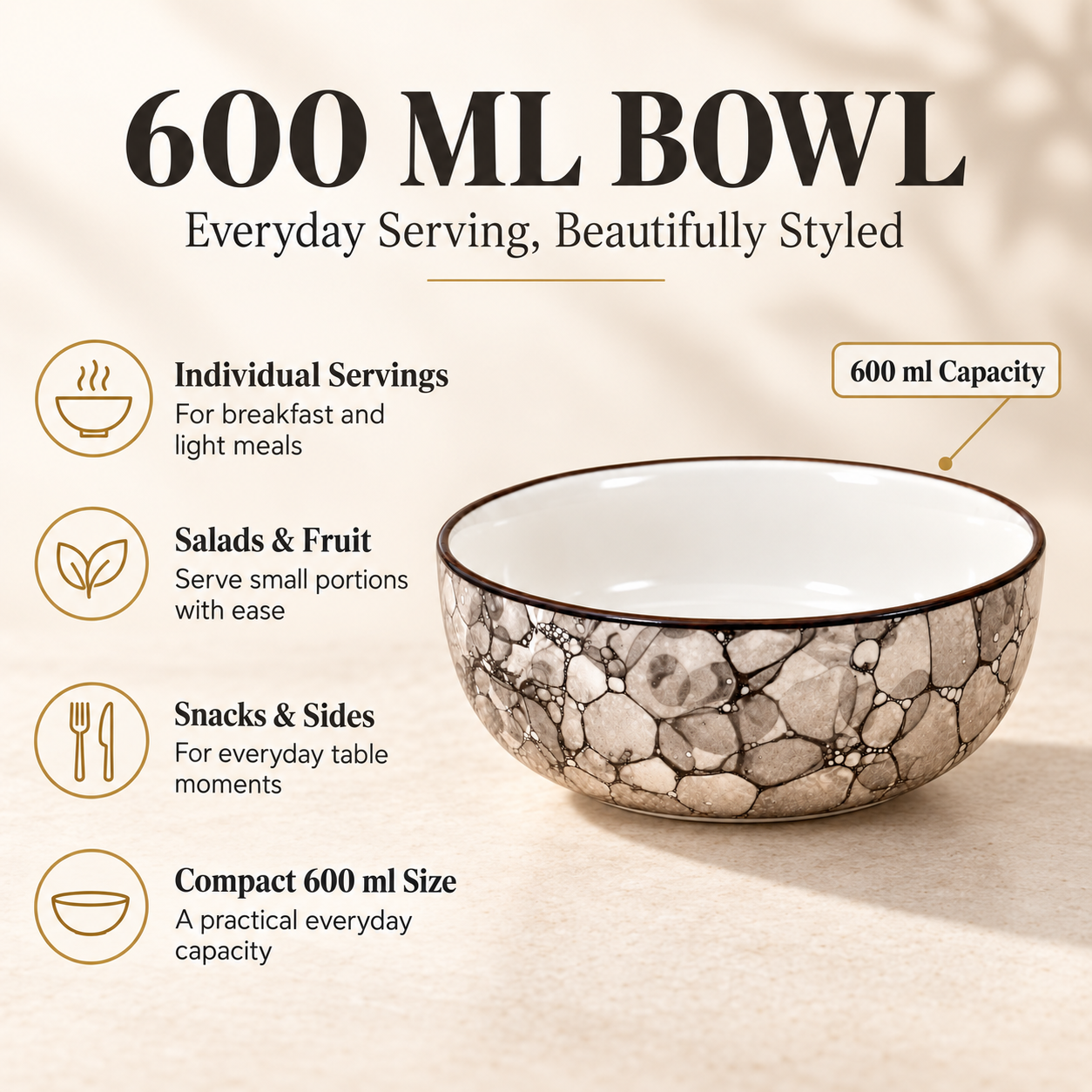 KunhaR Ceramic Serving Bowl, 600 ml, Black Luster, Multipurpose Bowl for Mixing, Serving, Salad, Pasta & Snacks, 1 Piece - Image 7