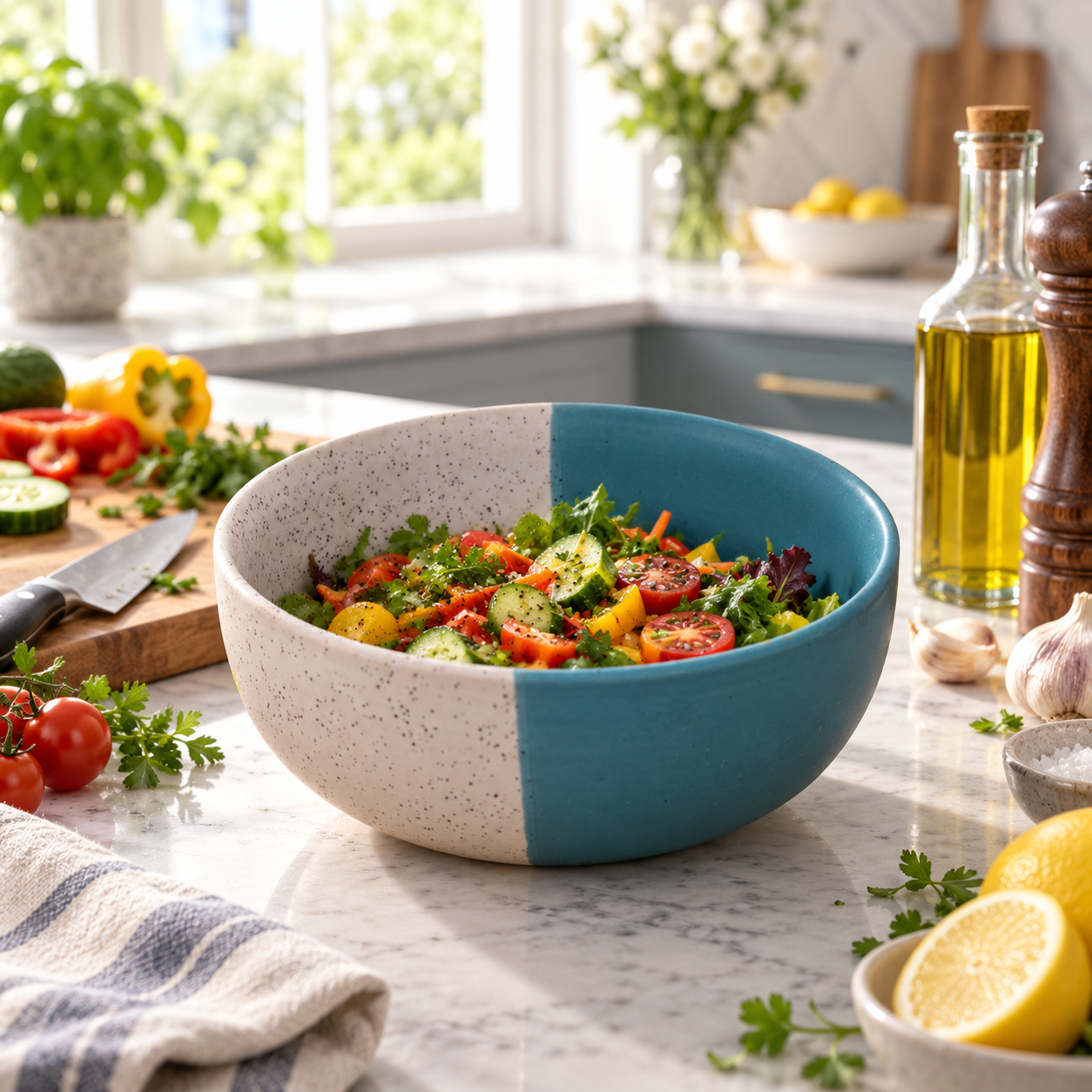 KunhaR Ceramic Serving Bowl, 600 ml, White Dusty Blue, Multipurpose Bowl for Mixing, Serving, Salad, Pasta & Snacks, 1 Piece - Image 4