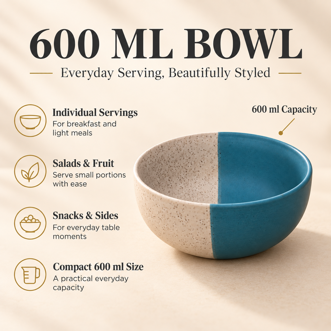 KunhaR Ceramic Serving Bowl, 600 ml, White Dusty Blue, Multipurpose Bowl for Mixing, Serving, Salad, Pasta & Snacks, 1 Piece - Image 7