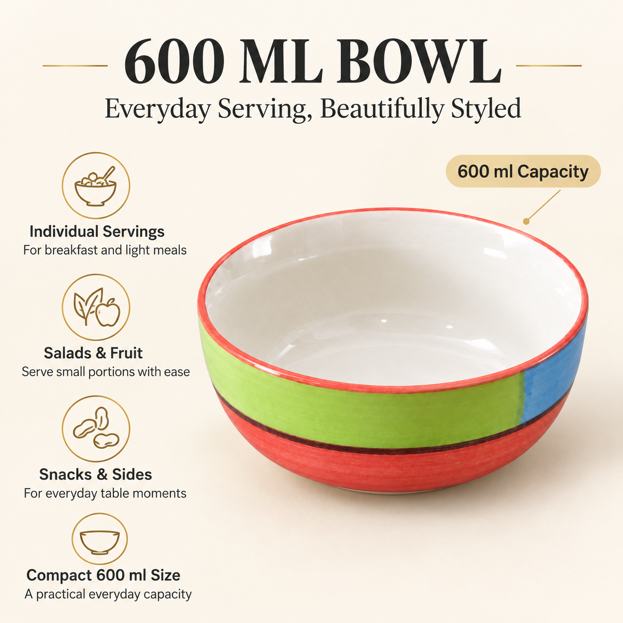 KunhaR Ceramic Serving Bowl, 600 ml, Red, Multipurpose Bowl for Mixing, Serving, Salad, Pasta & Snacks, 1 Piece - Image 8