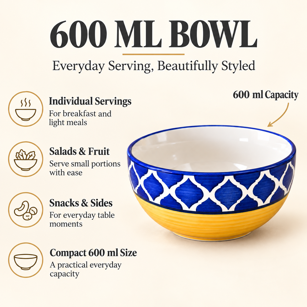 KunhaR Ceramic Serving Bowl, 600 ml, Yellow Blue, Multipurpose Bowl for Mixing, Serving, Salad, Pasta & Snacks, 1 Piece - Image 7