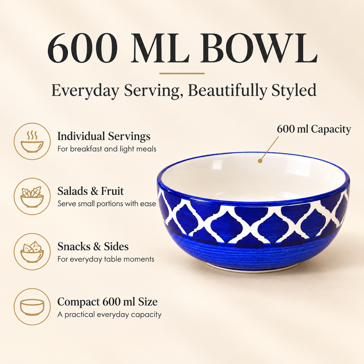 KunhaR Ceramic Serving Bowl, 600 ml, Blue Umrao, Multipurpose Bowl for Mixing, Serving, Salad, Pasta & Snacks, 1 Piece - Image 7