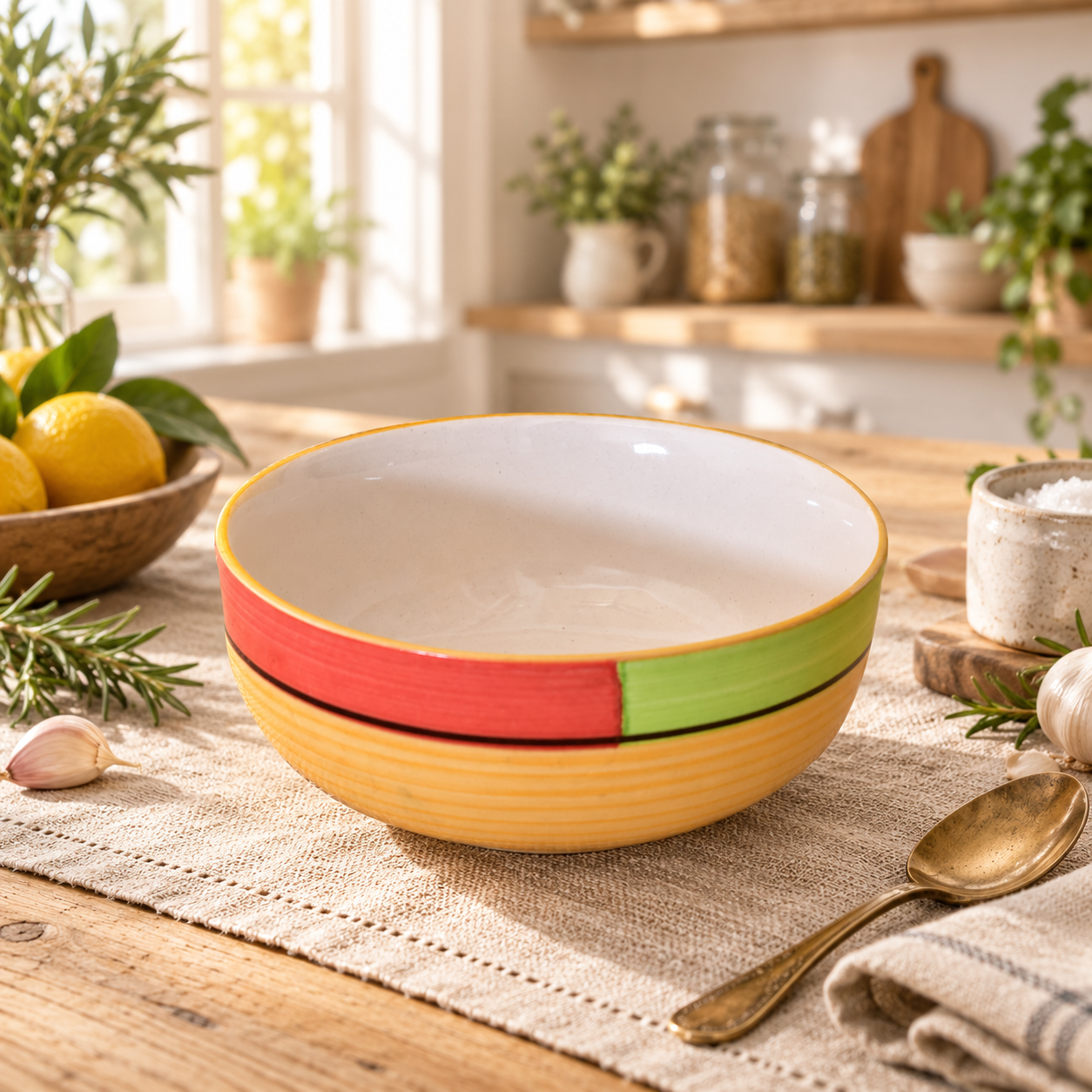 KunhaR Ceramic Serving Bowl, 600 ml, Yellow Multi, Multipurpose Bowl for Mixing, Serving, Salad, Pasta & Snacks, 1 Piece
