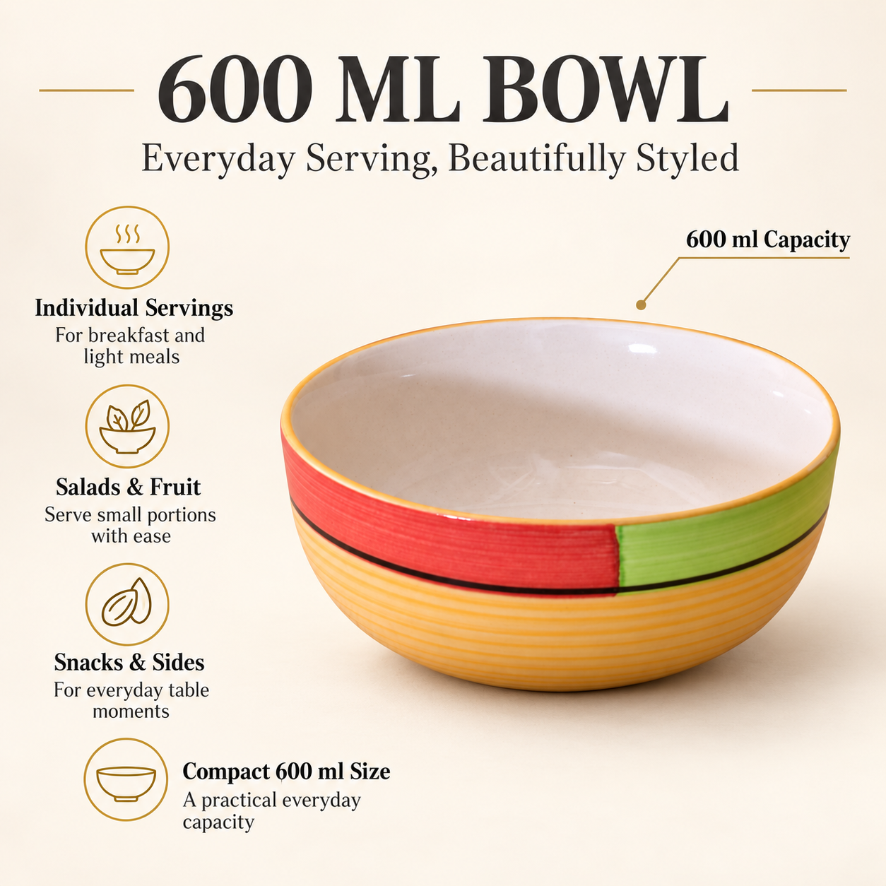KunhaR Ceramic Serving Bowl, 600 ml, Yellow Multi, Multipurpose Bowl for Mixing, Serving, Salad, Pasta & Snacks, 1 Piece - Image 7