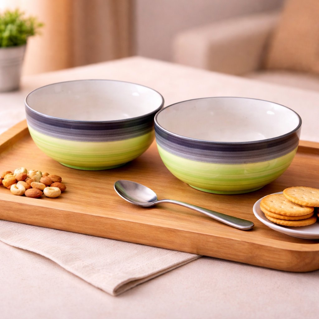 Kunhar Ceramic Mixing Bowls, Microwave Safe Bowl for Kitchen, Freezer & Dishwasher, Ideal for Snacks, Rice, Salad, and Noodles - 600 ML, 2 Pieces, Green Grey
