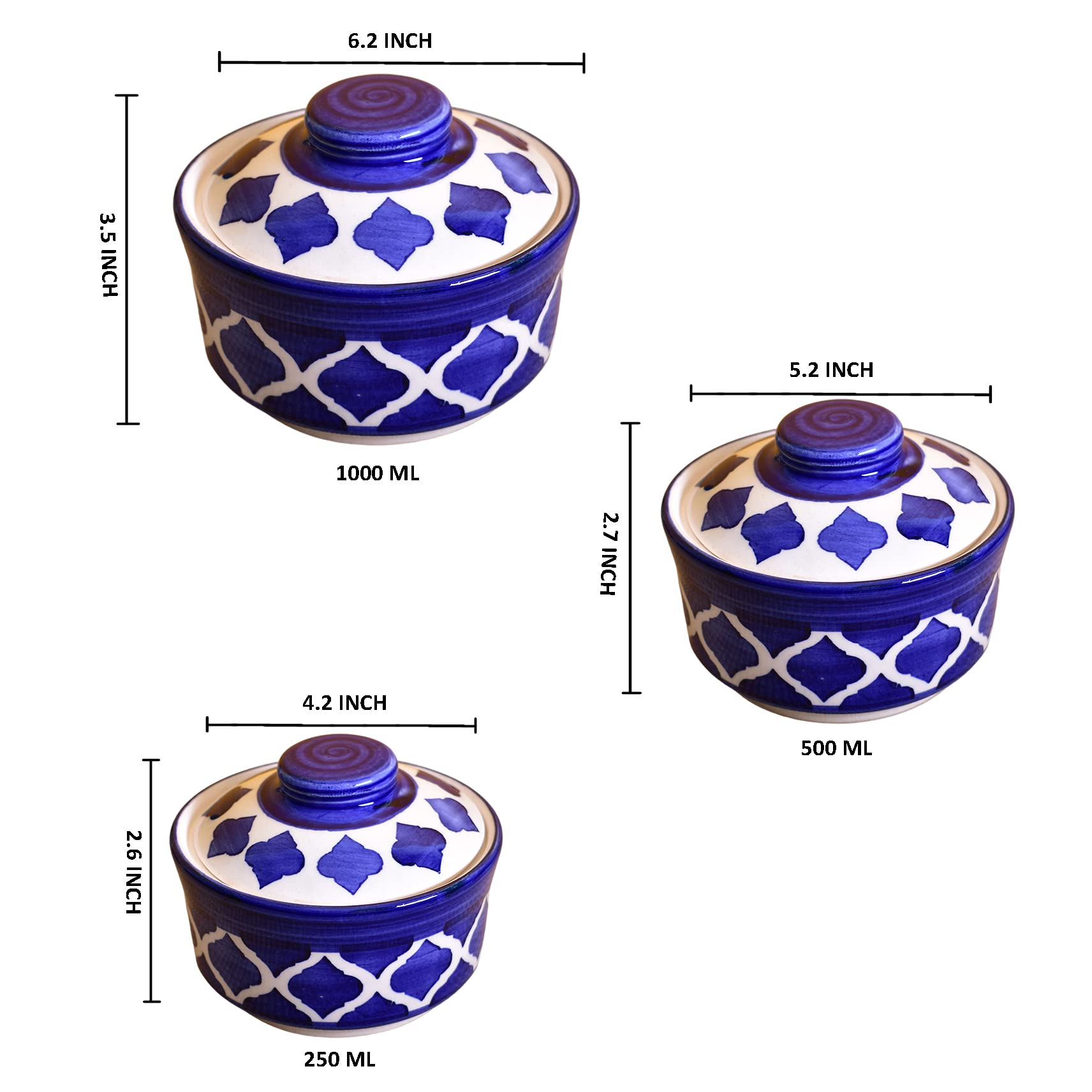 Kunhar Ceramic Donga, Ceramic Serving Donga, 1000 Ml, 500 Ml and 250 Ml, 3 Pieces, Blue Chidi - Image 2