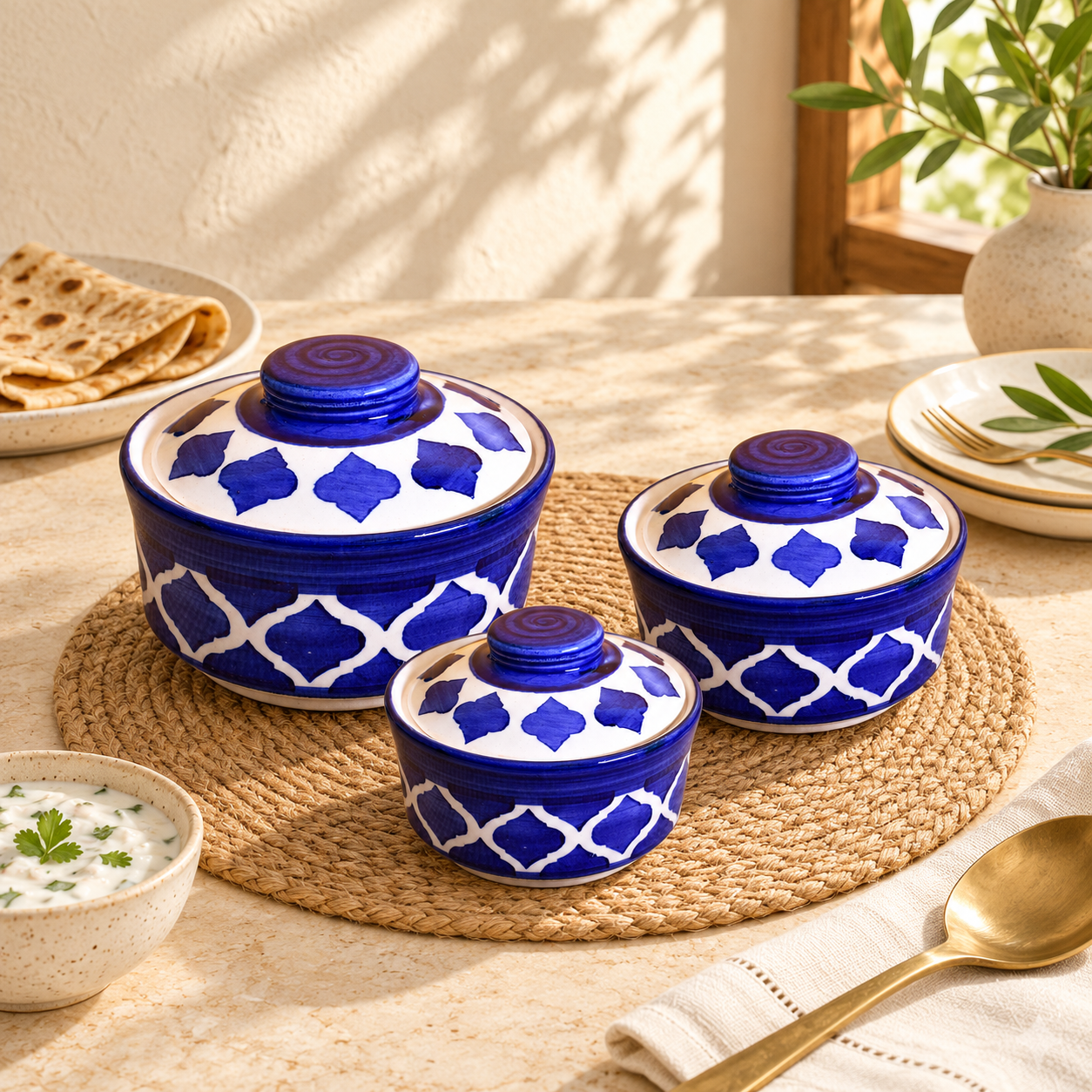 Kunhar Ceramic Donga, Ceramic Serving Donga, 1000 Ml, 500 Ml and 250 Ml, 3 Pieces, Blue Chidi