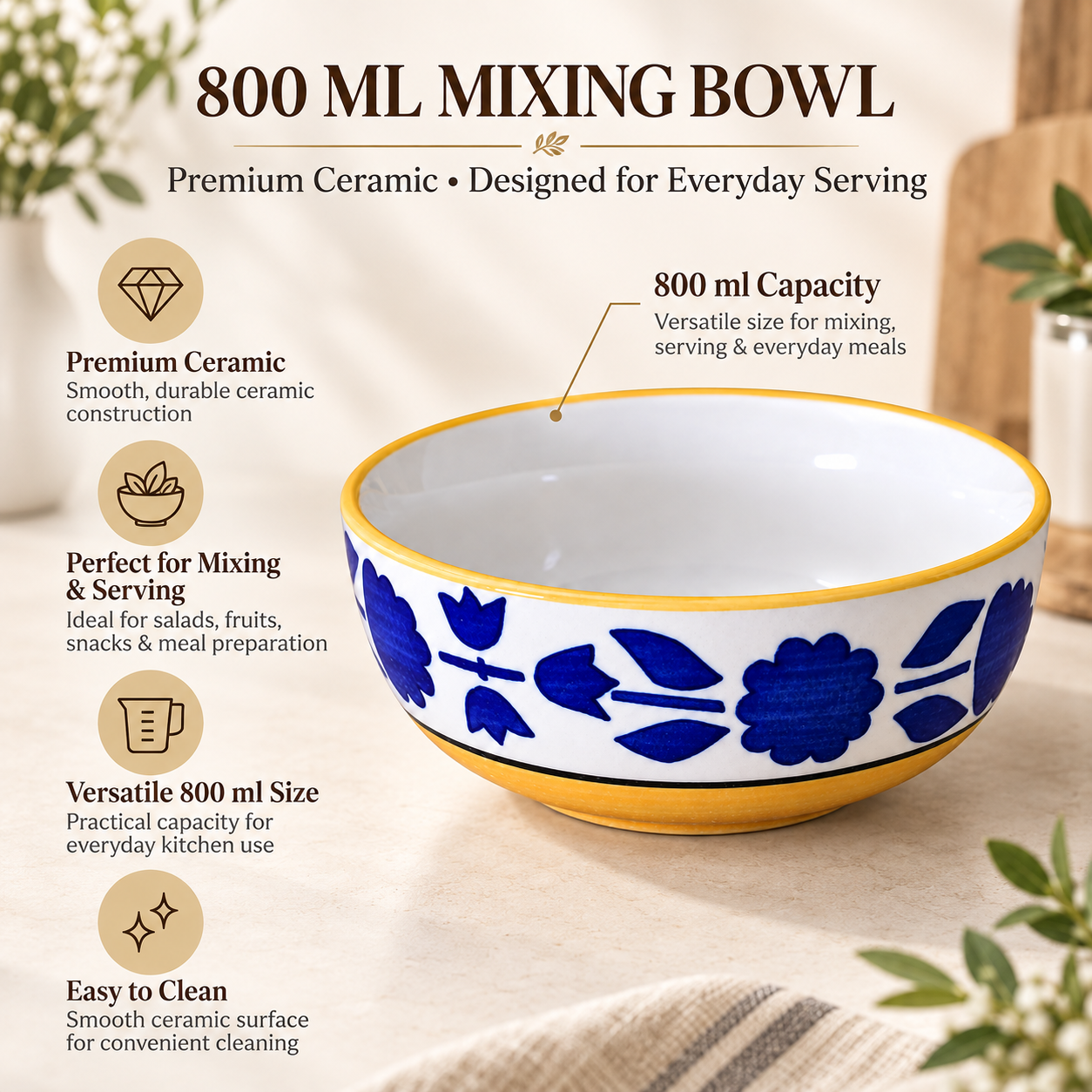 KunhaR Ceramic Serving Bowl 800 ml, Yellow | Medium Ceramic Bowl for Salad, Pasta, Noodles, Fruits, Curry & Snacks | Premium Tableware for Kitchen & Dining | 1 Piece - Image 7