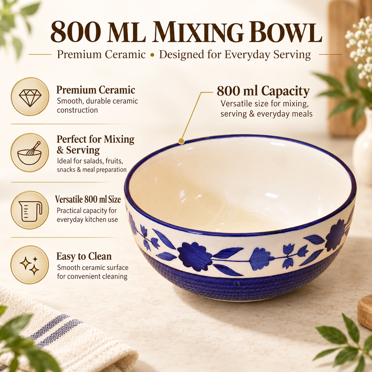 KunhaR Ceramic Serving Bowl 800 ml, Blue Flower | Medium Ceramic Bowl for Salad, Pasta, Noodles, Fruits, Curry & Snacks | Premium Tableware for Kitchen & Dining | 1 Piece - Image 7