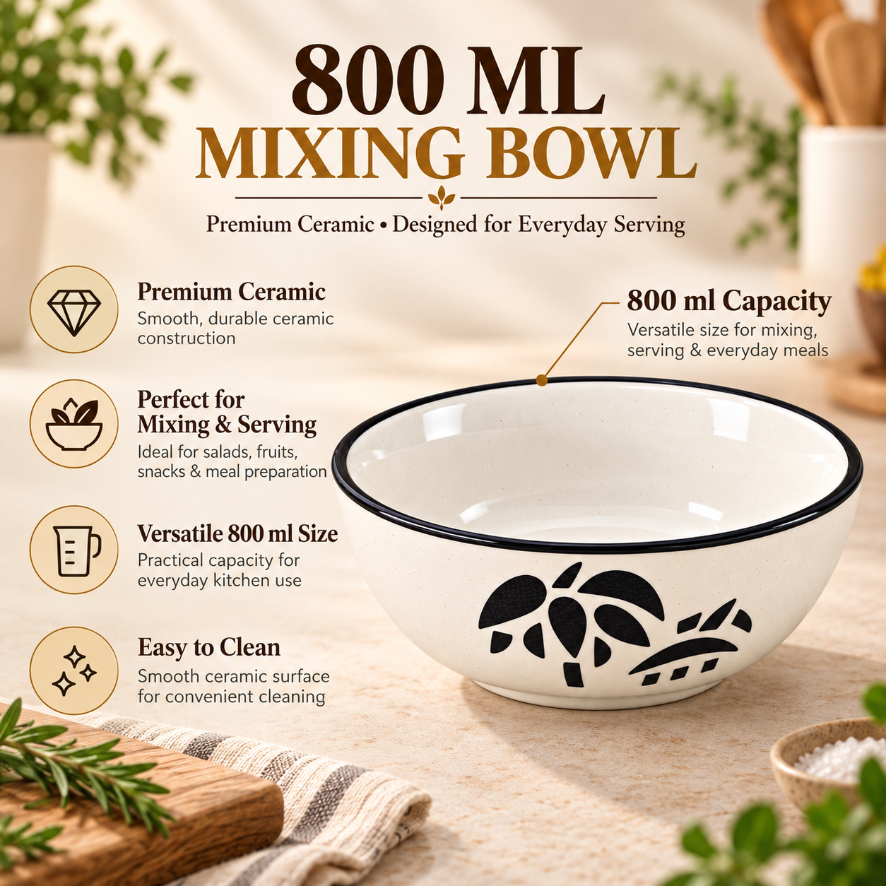 KunhaR Ceramic Serving Bowl 800 ml, Coconut White | Medium Ceramic Bowl for Salad, Pasta, Noodles, Fruits, Curry & Snacks | Premium Tableware for Kitchen & Dining | 1 Piece - Image 6