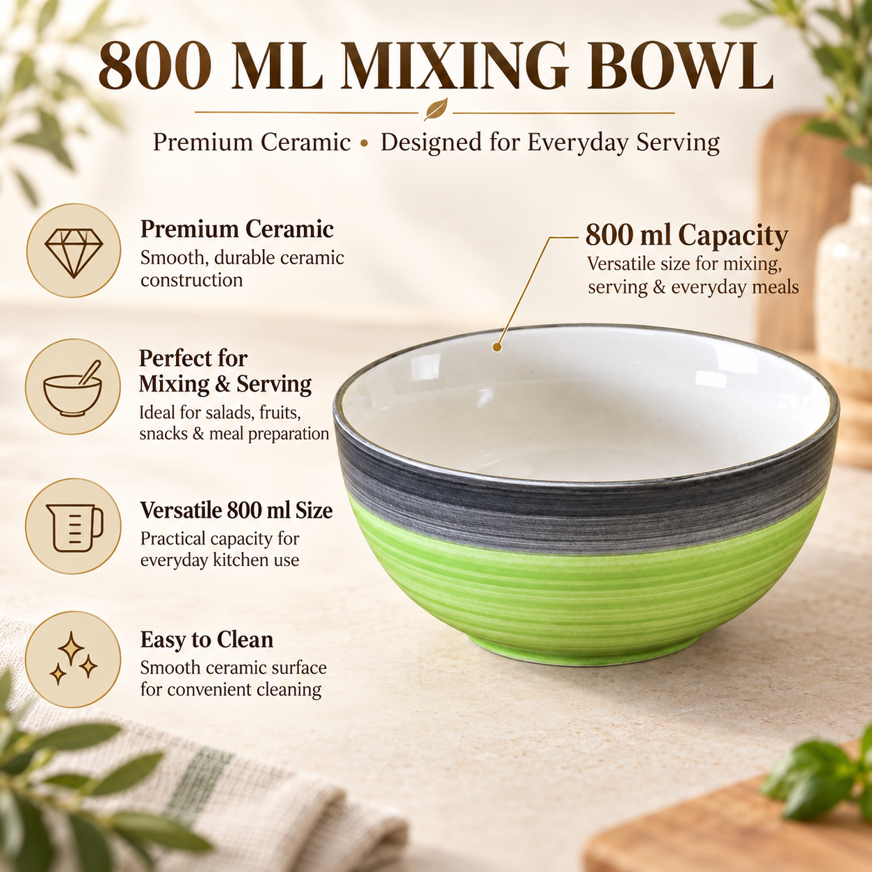 KunhaR Ceramic Serving Bowl 800 ml, Green Gray | Medium Ceramic Bowl for Salad, Pasta, Noodles, Fruits, Curry & Snacks | Premium Tableware for Kitchen & Dining | 1 Piece - Image 7