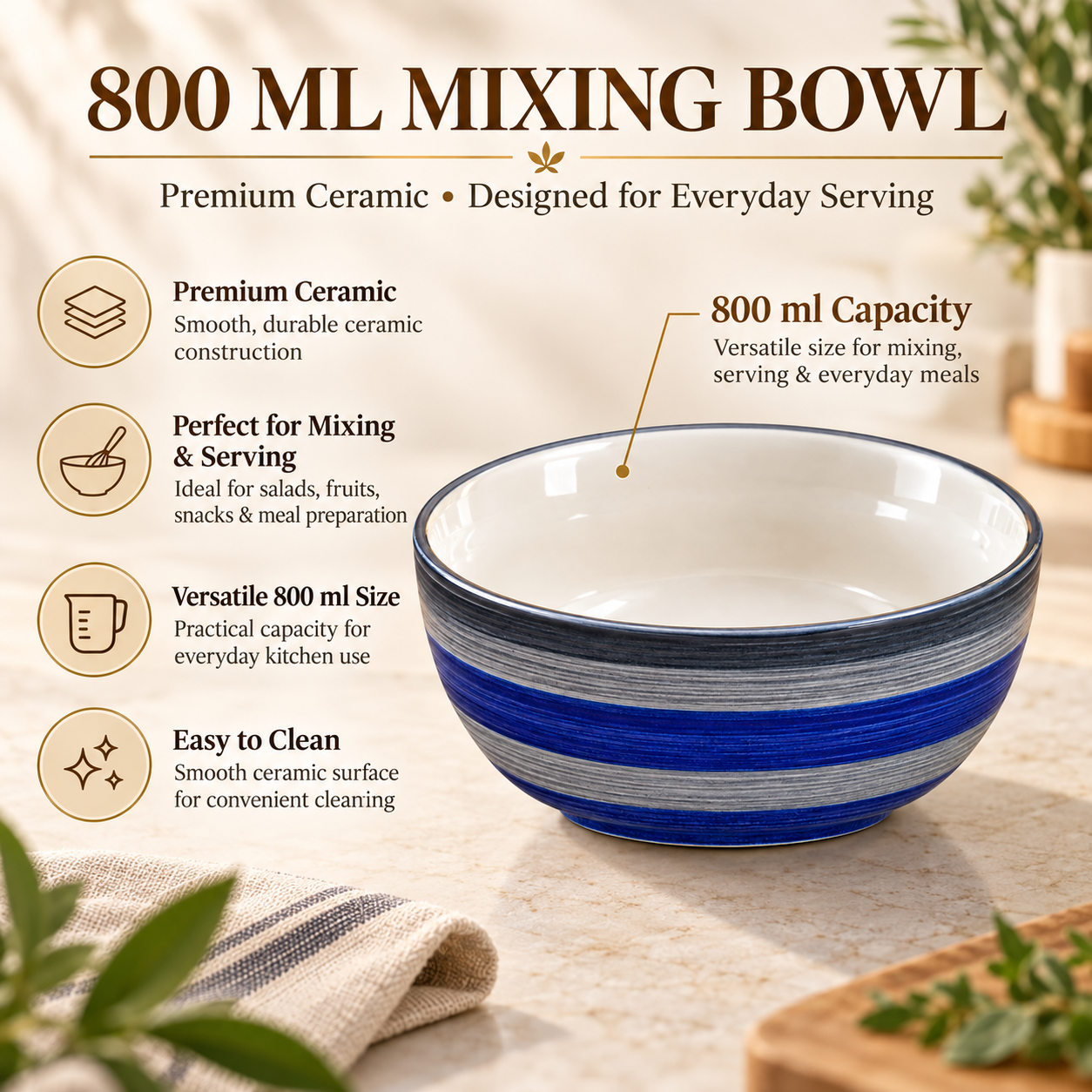 KunhaR Ceramic Serving Bowl 800 ml, Monsoon | Medium Ceramic Bowl for Salad, Pasta, Noodles, Fruits, Curry & Snacks | Premium Tableware for Kitchen & Dining | 1 Piece - Image 7
