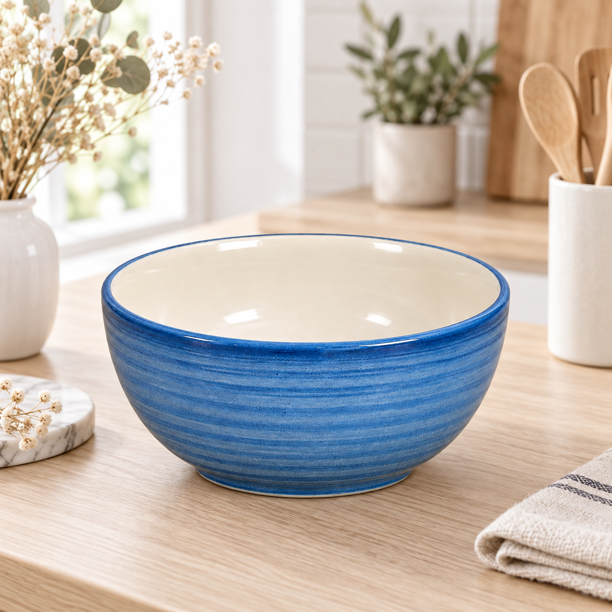 KunhaR Ceramic Serving Bowl 800 ml, Crystal Blue | Medium Ceramic Bowl for Salad, Pasta, Noodles, Fruits, Curry & Snacks | Premium Tableware for Kitchen & Dining | 1 Piece - Image 2