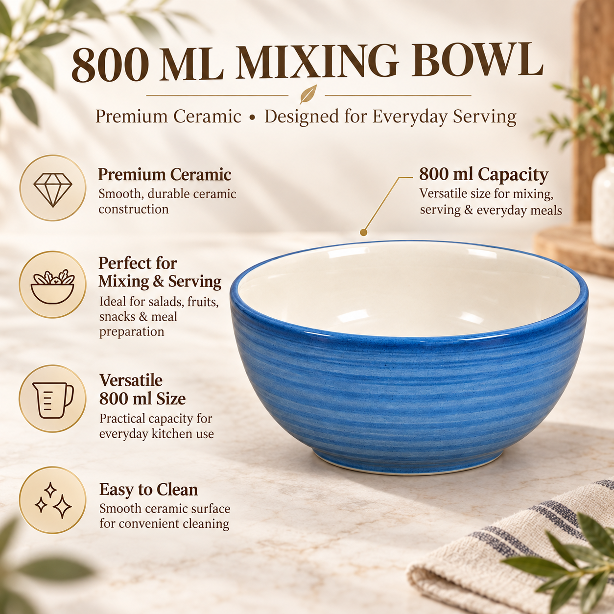 KunhaR Ceramic Serving Bowl 800 ml, Crystal Blue | Medium Ceramic Bowl for Salad, Pasta, Noodles, Fruits, Curry & Snacks | Premium Tableware for Kitchen & Dining | 1 Piece - Image 7