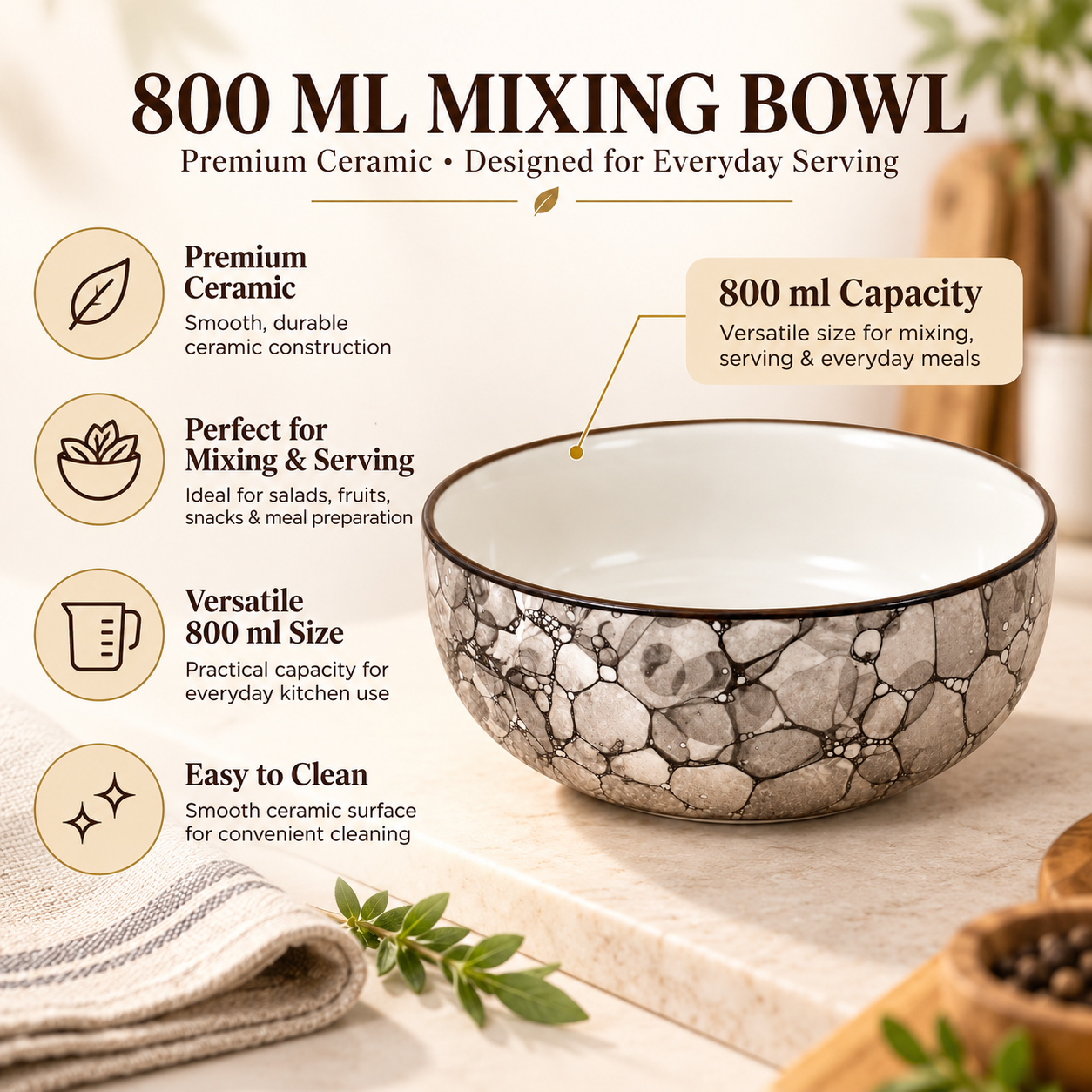 KunhaR Ceramic Serving Bowl 800 ml, Black Luster | Medium Ceramic Bowl for Salad, Pasta, Noodles, Fruits, Curry & Snacks | Premium Tableware for Kitchen & Dining | 1 Piece - Image 7