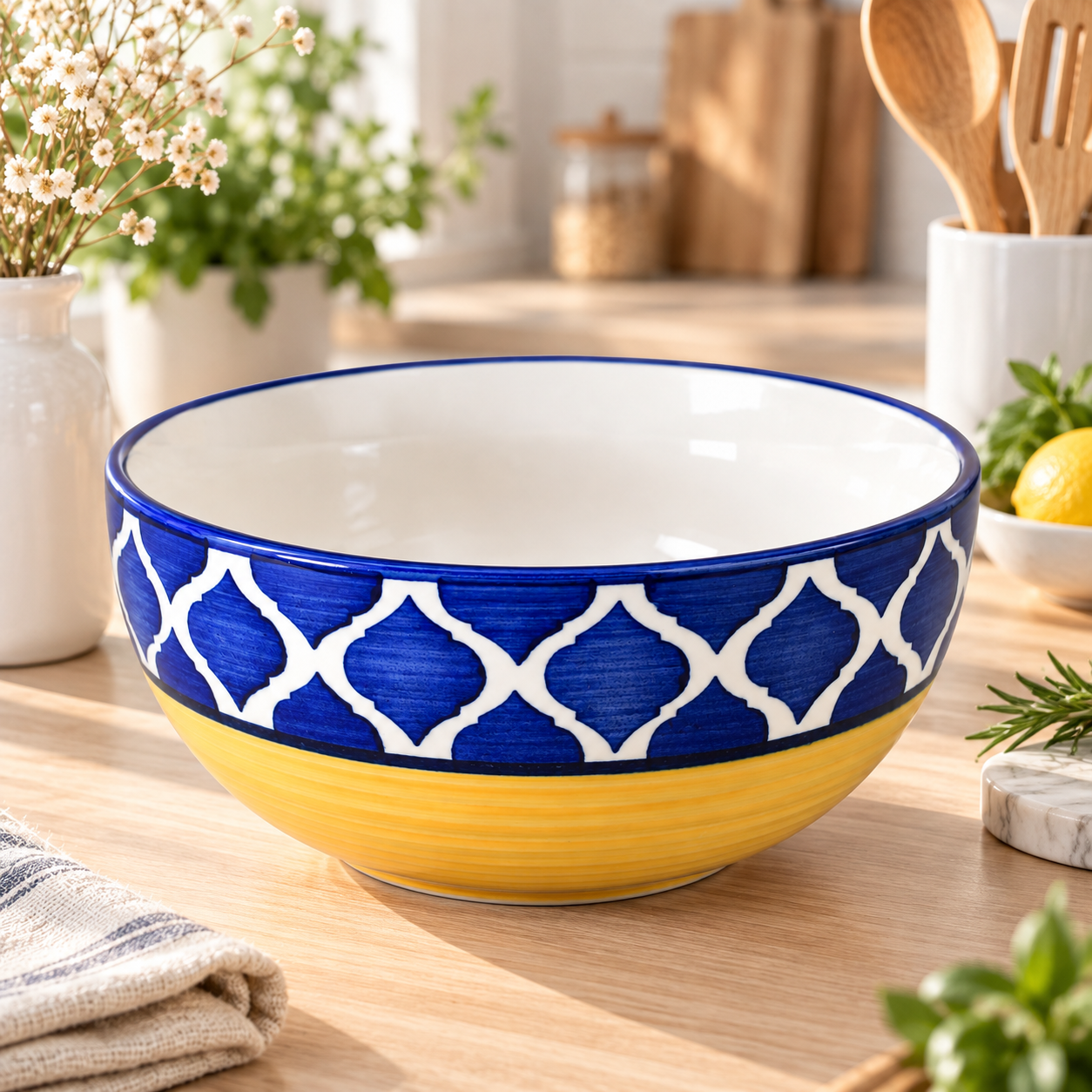 KunhaR Ceramic Serving Bowl 800 ml, Yellow Blue | Medium Ceramic Bowl for Salad, Pasta, Noodles, Fruits, Curry & Snacks | Premium Tableware for Kitchen & Dining | 1 Piece - Image 2
