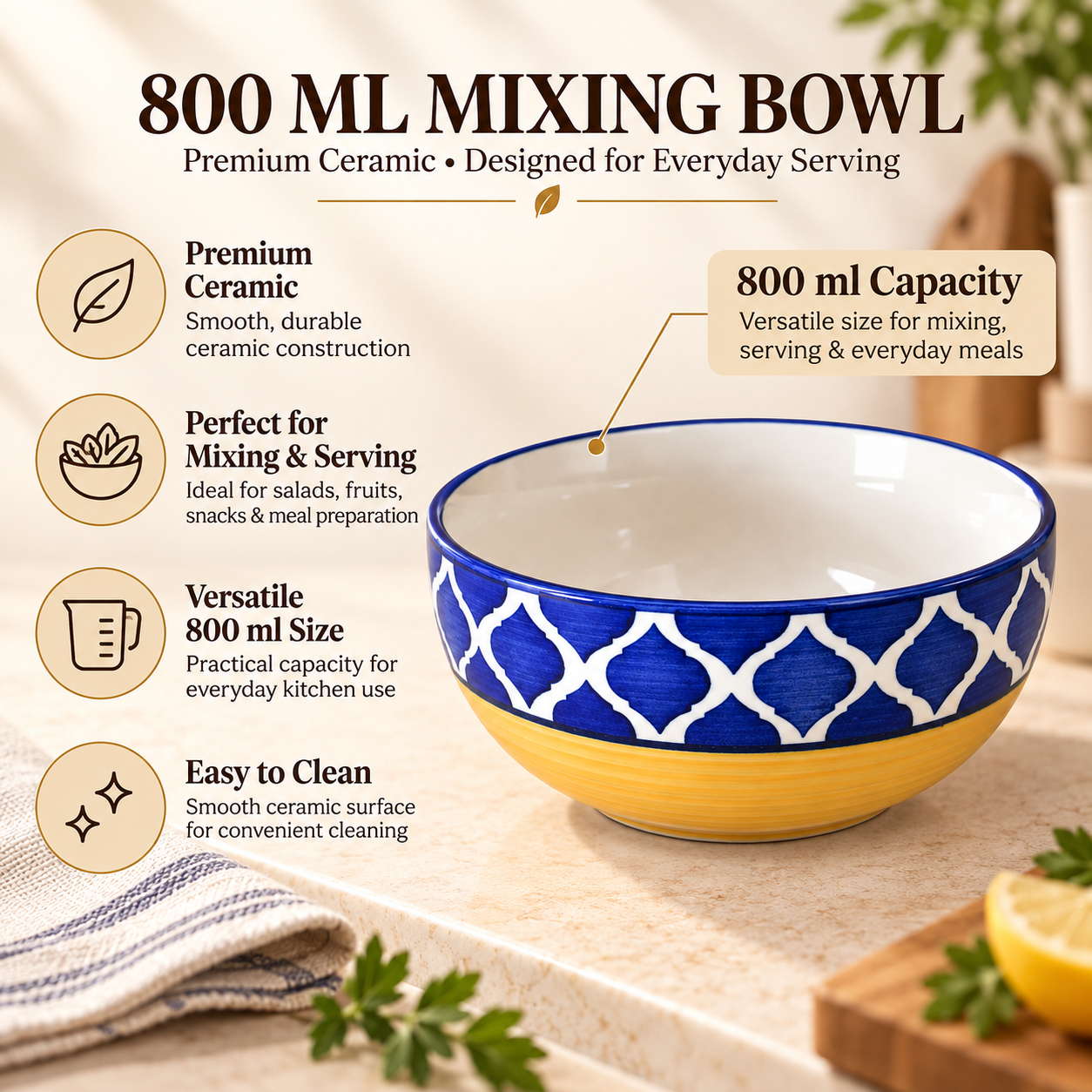 KunhaR Ceramic Serving Bowl 800 ml, Yellow Blue | Medium Ceramic Bowl for Salad, Pasta, Noodles, Fruits, Curry & Snacks | Premium Tableware for Kitchen & Dining | 1 Piece - Image 7