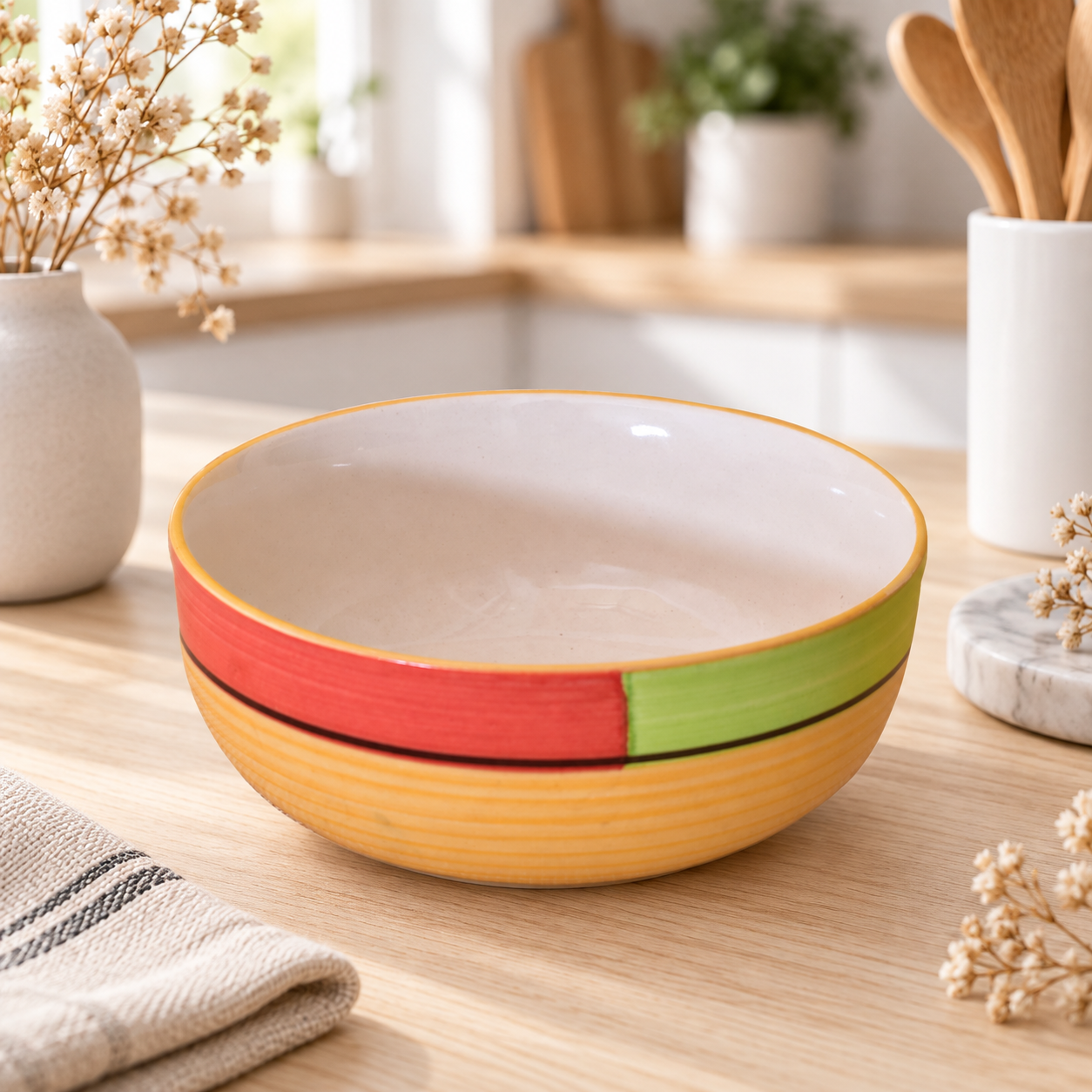KunhaR Ceramic Serving Bowl 800 ml, Yellow Multi | Medium Ceramic Bowl for Salad, Pasta, Noodles, Fruits, Curry & Snacks | Premium Tableware for Kitchen & Dining | 1 Piece - Image 2