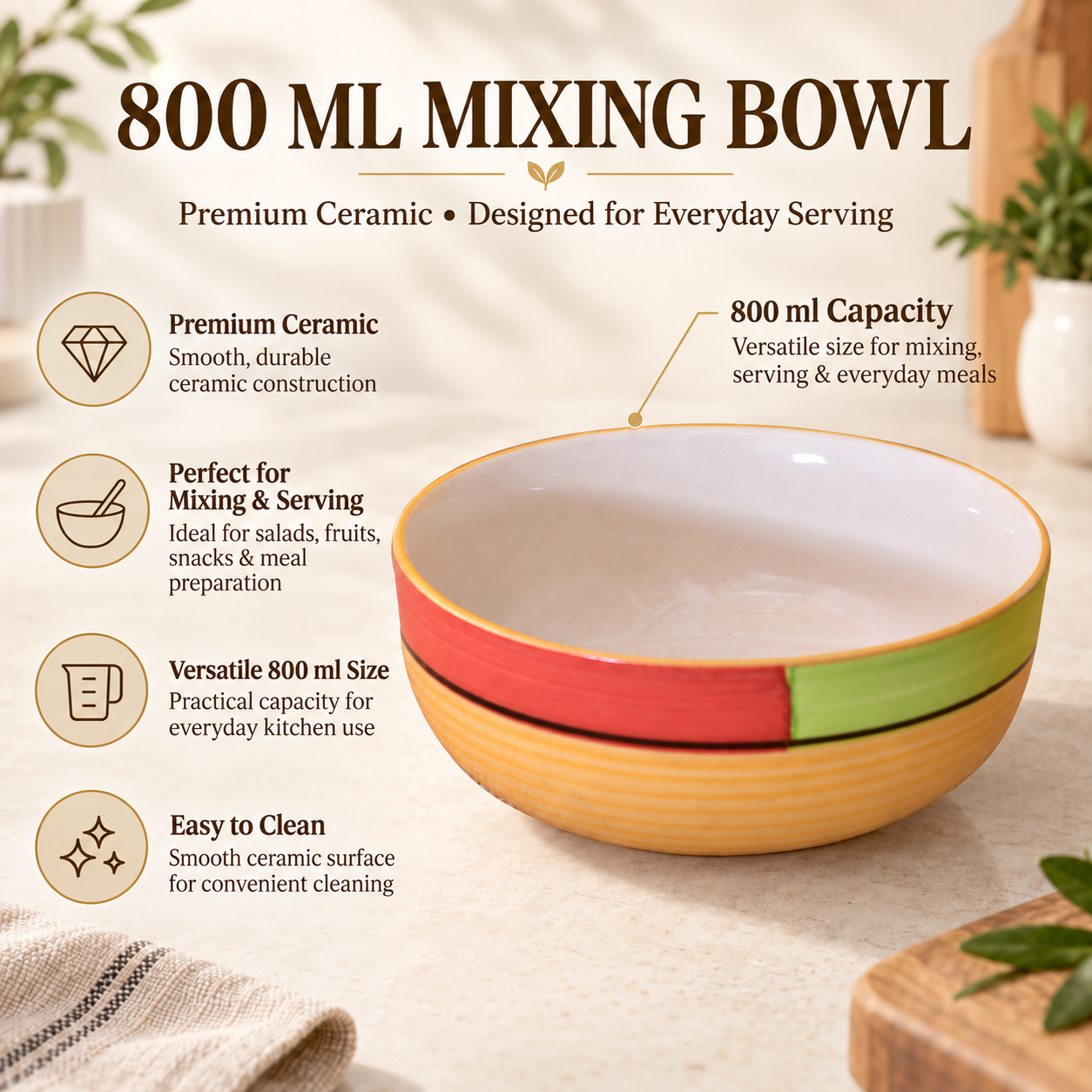 KunhaR Ceramic Serving Bowl 800 ml, Yellow Multi | Medium Ceramic Bowl for Salad, Pasta, Noodles, Fruits, Curry & Snacks | Premium Tableware for Kitchen & Dining | 1 Piece - Image 7