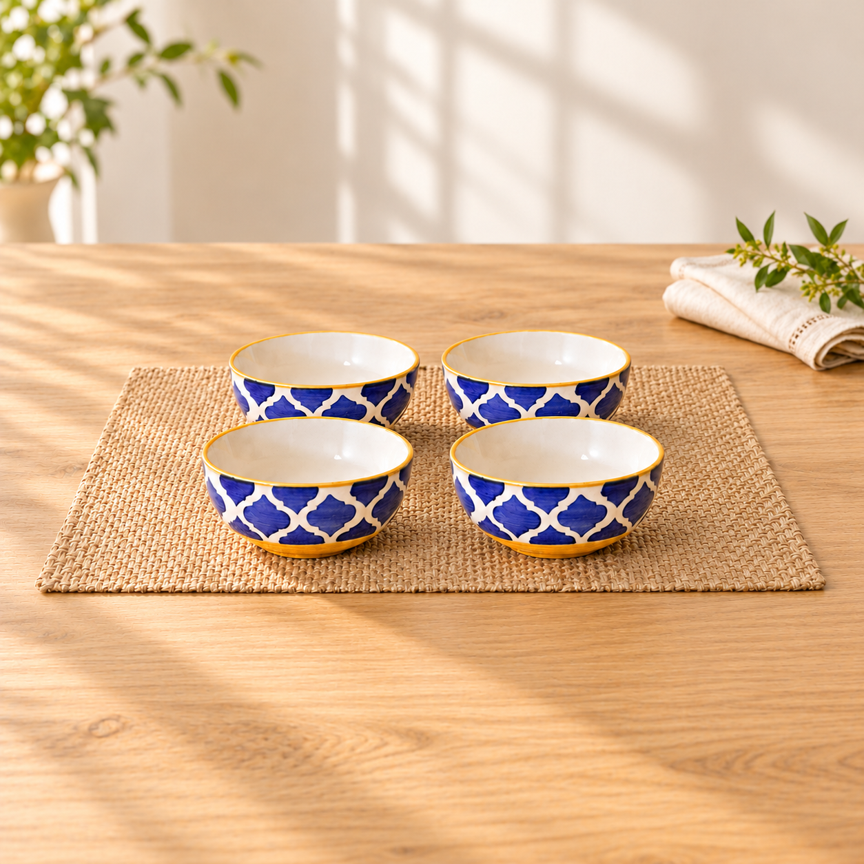 Kunhar Ceramic Hand Painted Dessert Bowls - 200 Ml, 4 Pieces, Yellow
