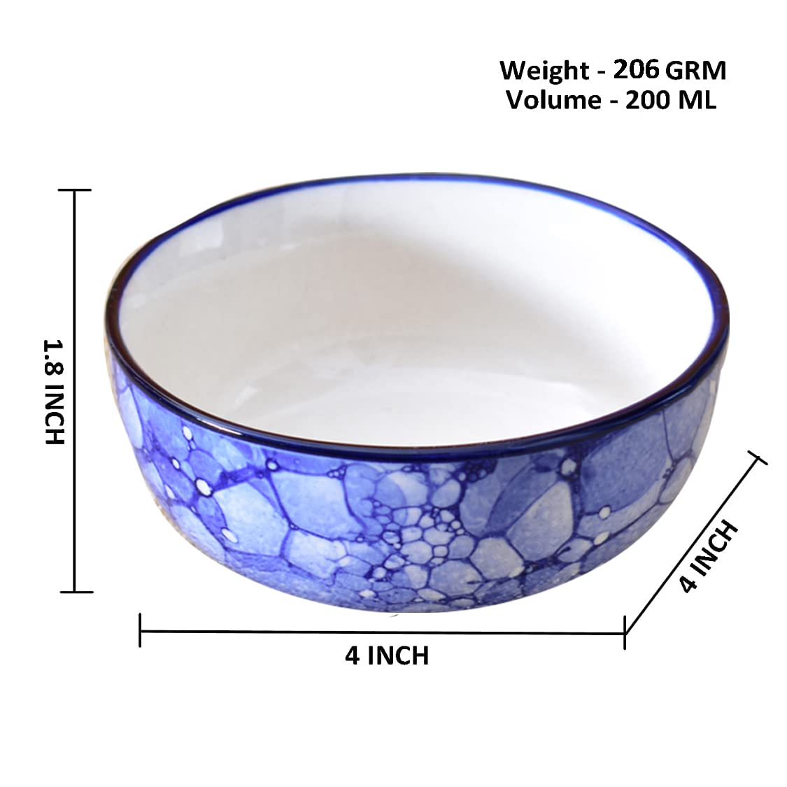 Kunhar Ceramic Hand Painted Dessert Bowls - 200 Ml, 4 Pieces, Blue - Luster - Image 2
